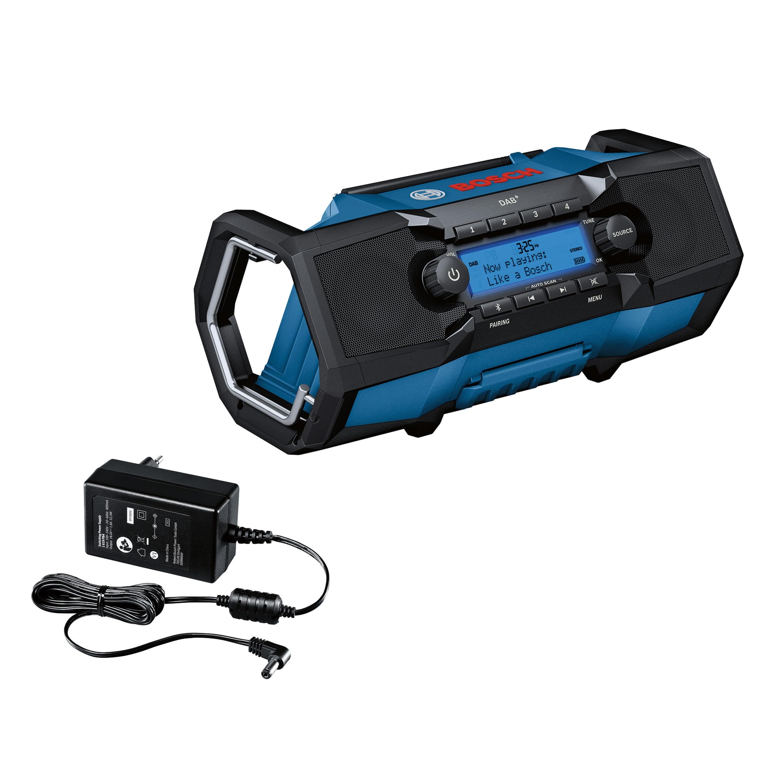 Bosch Professional 18V System radio de chantier sans-fil GPB 18V-2 SC (réception via DAB+, Bluetooth, FM et AUX, avec 1 bloc secteur, 1 câble AUX, 1 pile bouton au lithium de 3V CR2032)