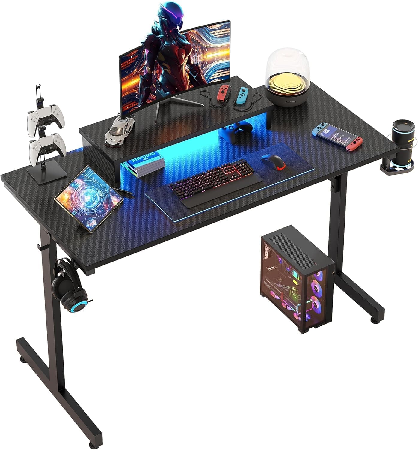 Bestier Escritorio Gaming 106.6CM LED Escritorio de Ordenador con Soporte de Monitor Estación de Trabajo Gamer con Portavasos Ganchos para Auriculares para el Hogar Oficina Dormitorio Pequeño Espacio