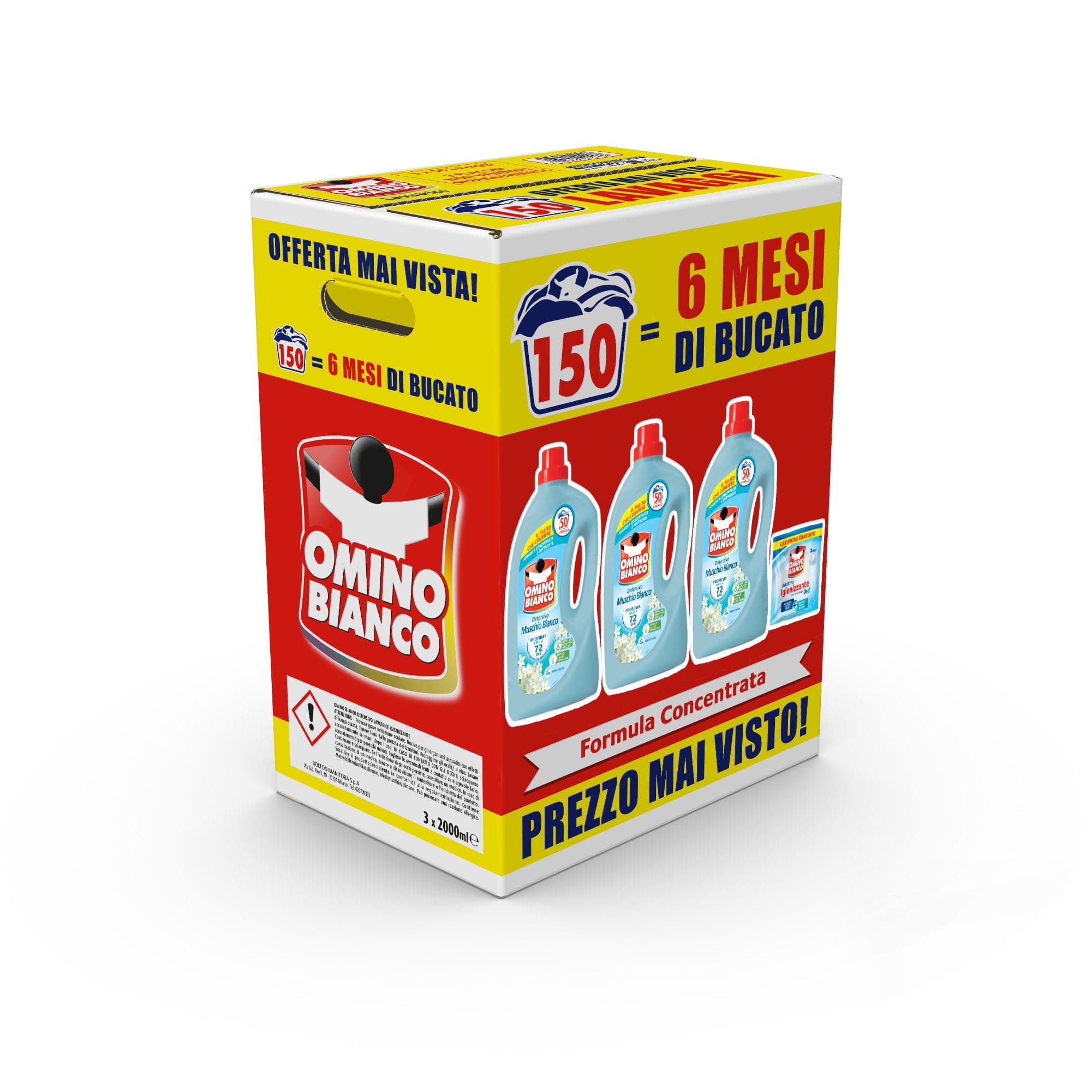 Omino Bianco - Detersivo Lavatrice Liquido, 150 Lavaggi, Rispetta Colori e Tessuti, Fresco Profumo con Essenza di Muschio Bianco, 2000 ml x 3 + Campione di Additivo Lavatrice Igienizzante Idrocaps