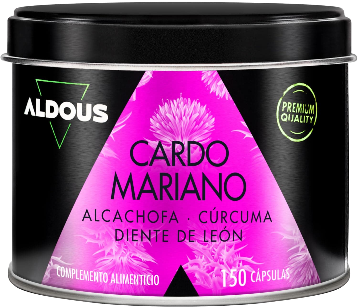 Cardo Mariano con CÚRCUMA, Alcachofa, Diente de León y Desmodium - TRIPLE ACCIÓN - 150 Cápsulas Detox - Máxima dosis Depurativa con 80% de Silimarina - Detox Higado, Mejora digestión - ALDOUS