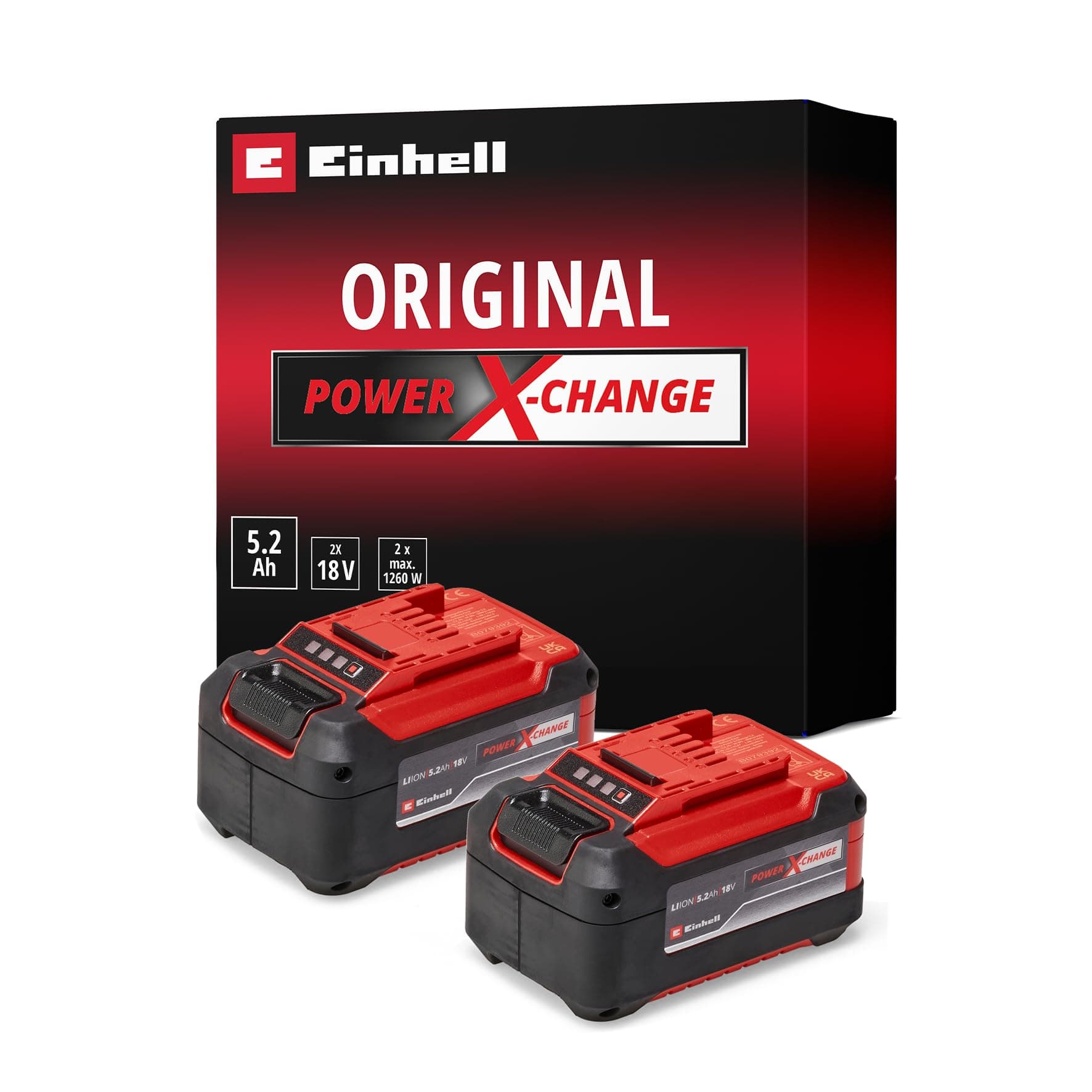 Due batterie Power X-Change originali Einhell PXC-Twinpack da 5,2 Ah (18 V, 5200 mAh, 1260 W, incluse due batterie da 5,2 Ah senza caricabatterie)