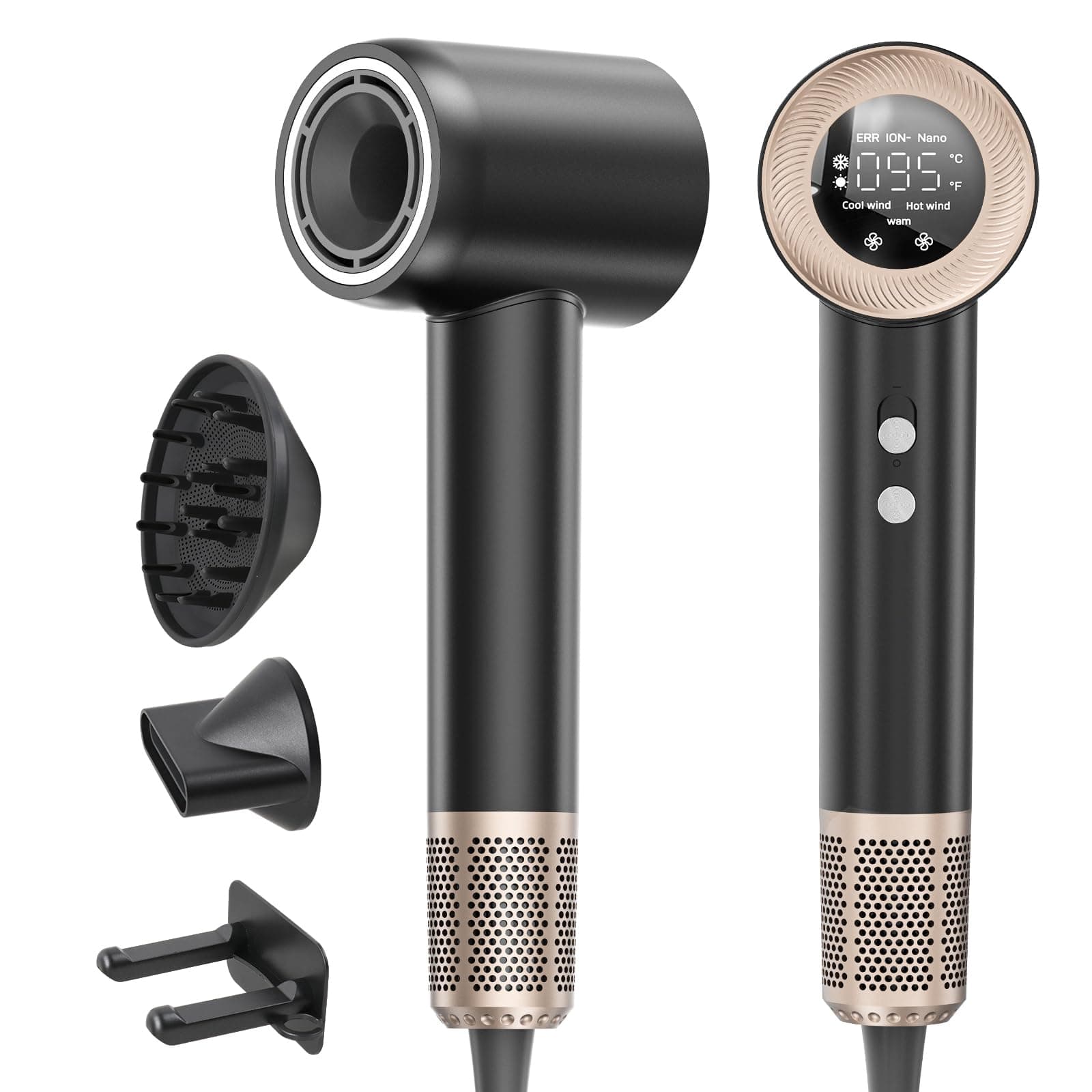 Secador Pelo Profesional con Difusor y Boquillas, 59 dB de Ruido Bajo Secador Pelo Ionico, Motor Sin Escobillas de 160.000 RPM, Hair Dryer con 4 Temperaturas y 2 Velocidades, Negro