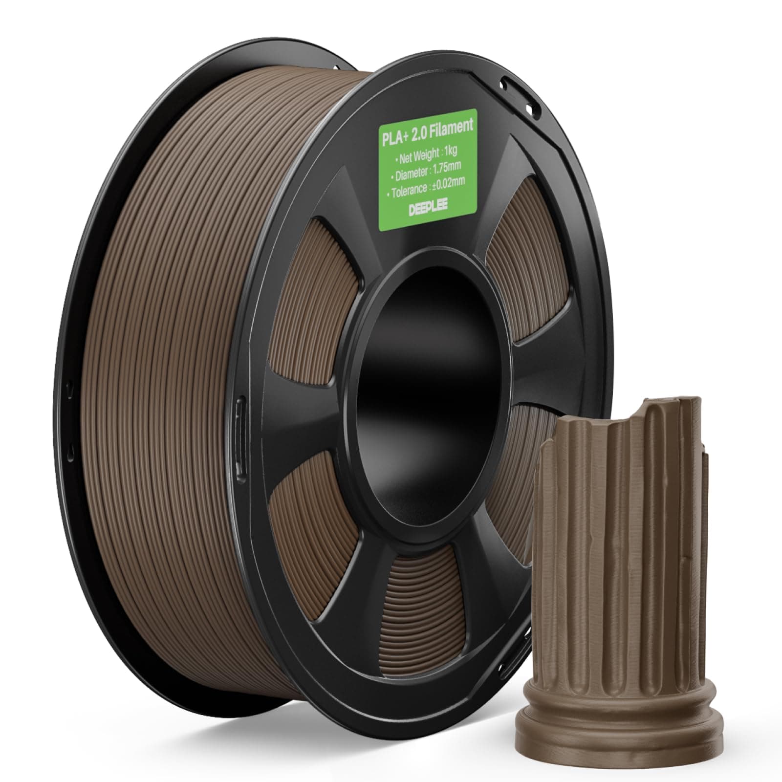 DEEPLEE PLA+ 2.0 1.75 mm, Bobina 1 kg Marrón. Resistencia al Impacto y Baja Deformación. Excelente Adhesión entre Capas. Enrollado Perfecto Sin Atascos. Compatible con Impresoras FDM.