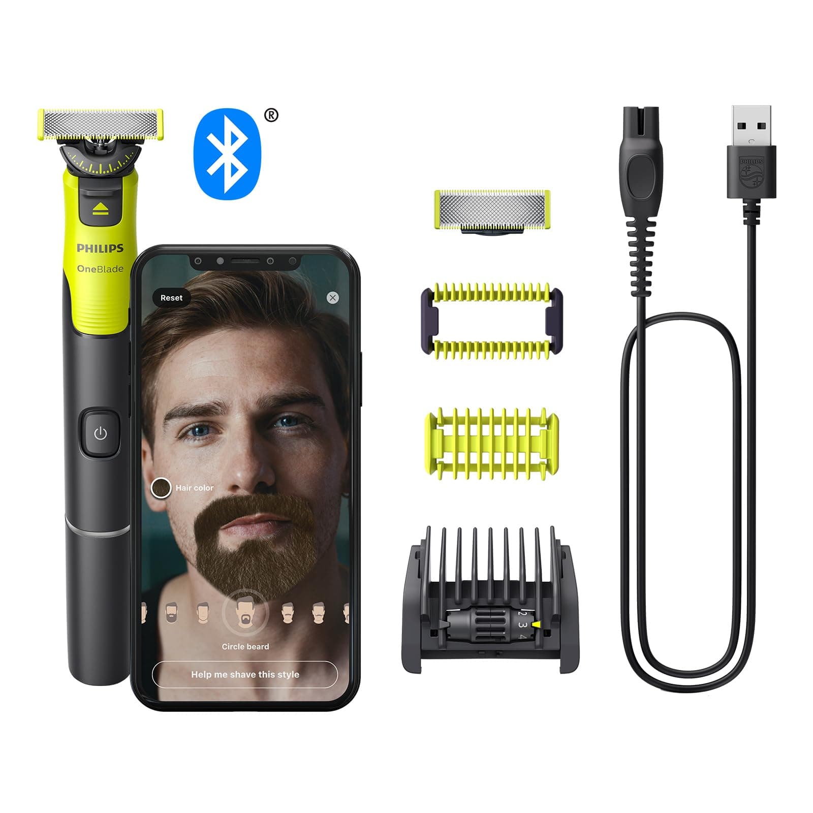 PHILIPS OneBlade 360 Face & Body mit App-Anbindung - elektrischer Rasierer, Trimmer & Bodygroomer, 2x 360 Klingen, verstellbarer Trimmaufsatz, 2x Körperaufsätze, für Gesicht & Körper (QP4631/30)