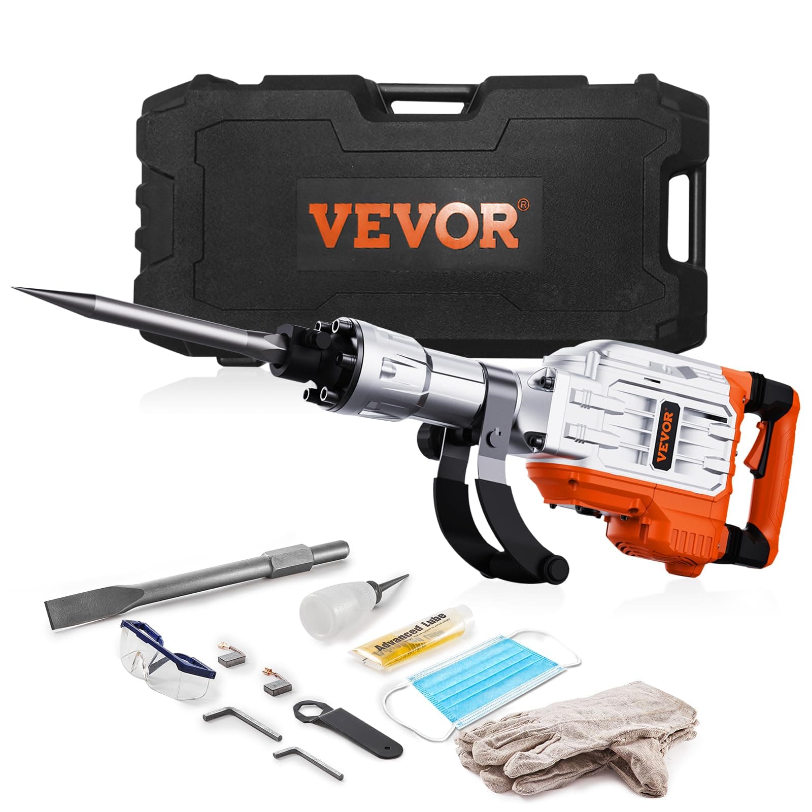 VEVOR Martillo de Demolición 3500W 60J 1900BPM Martillo Eléctrico con Cable 1-1/8" con 2 Cinceles Reemplazables Mango Giratorio 360° Rompe Hormigón Antivibración para Cincelar Construcción Fontanería