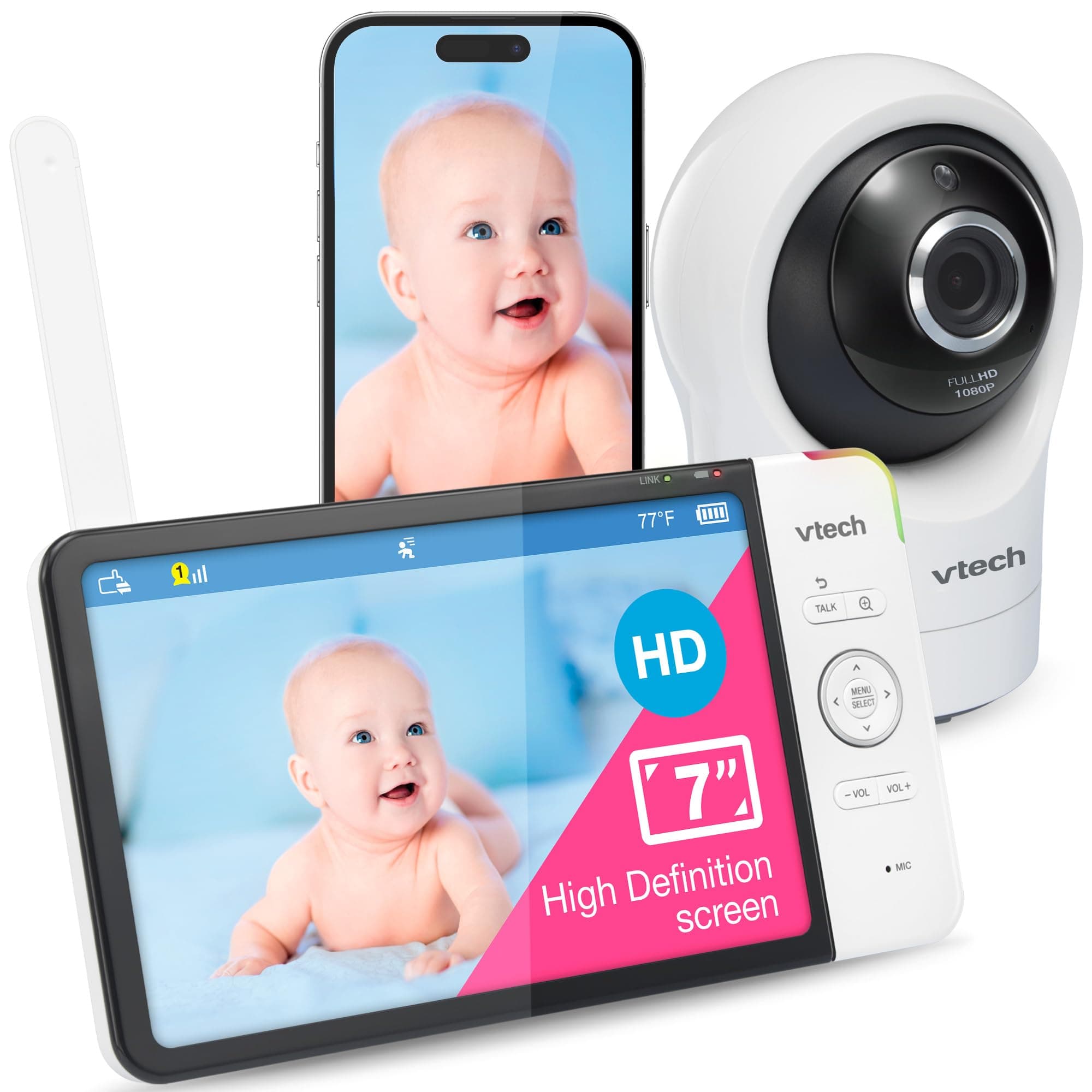VTech RM7764HD Vigilabebés con Acceso Remoto WiFi 1080p, panorámica e inclinación de 360°, Pantalla HD 720p de 7", visión Nocturna HD, Sonidos relajantes, conversación bidireccional