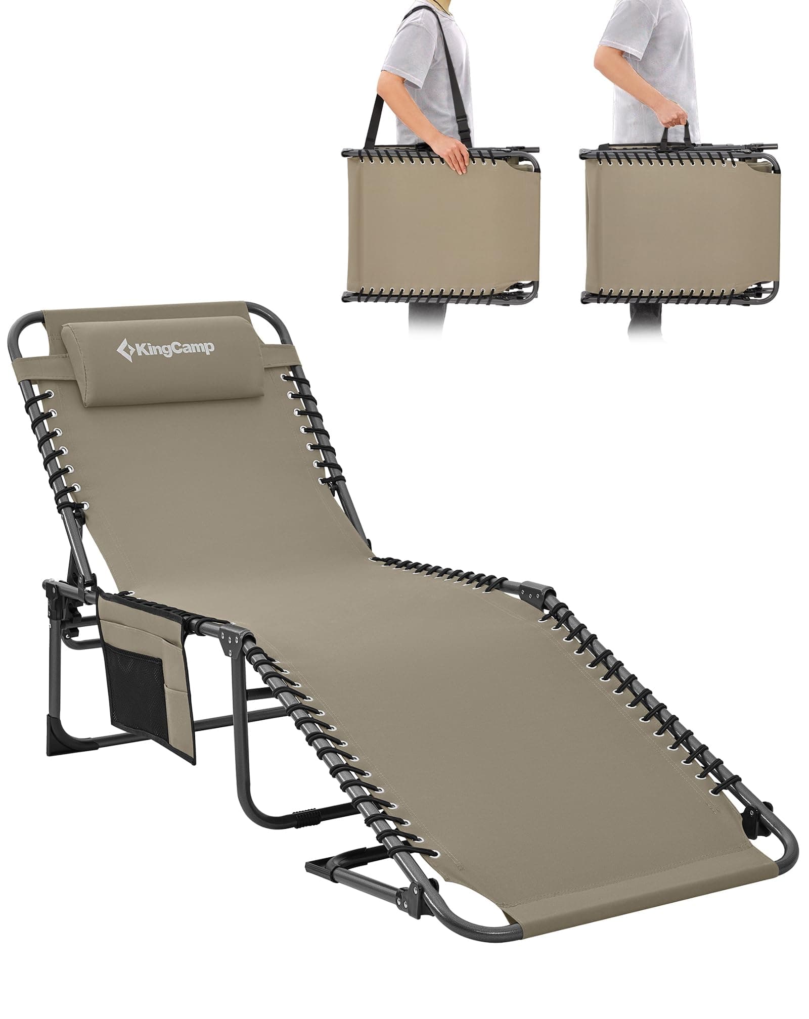 KingCamp Tumbona Plegable Exterior, Tumbona Jardin Respaldo Ajustable en 5 Posiciones, Silla de Jardín, Tumbona de Playa, Cama de Camping con Almohada para Playa Piscina Vacaciones Exterior