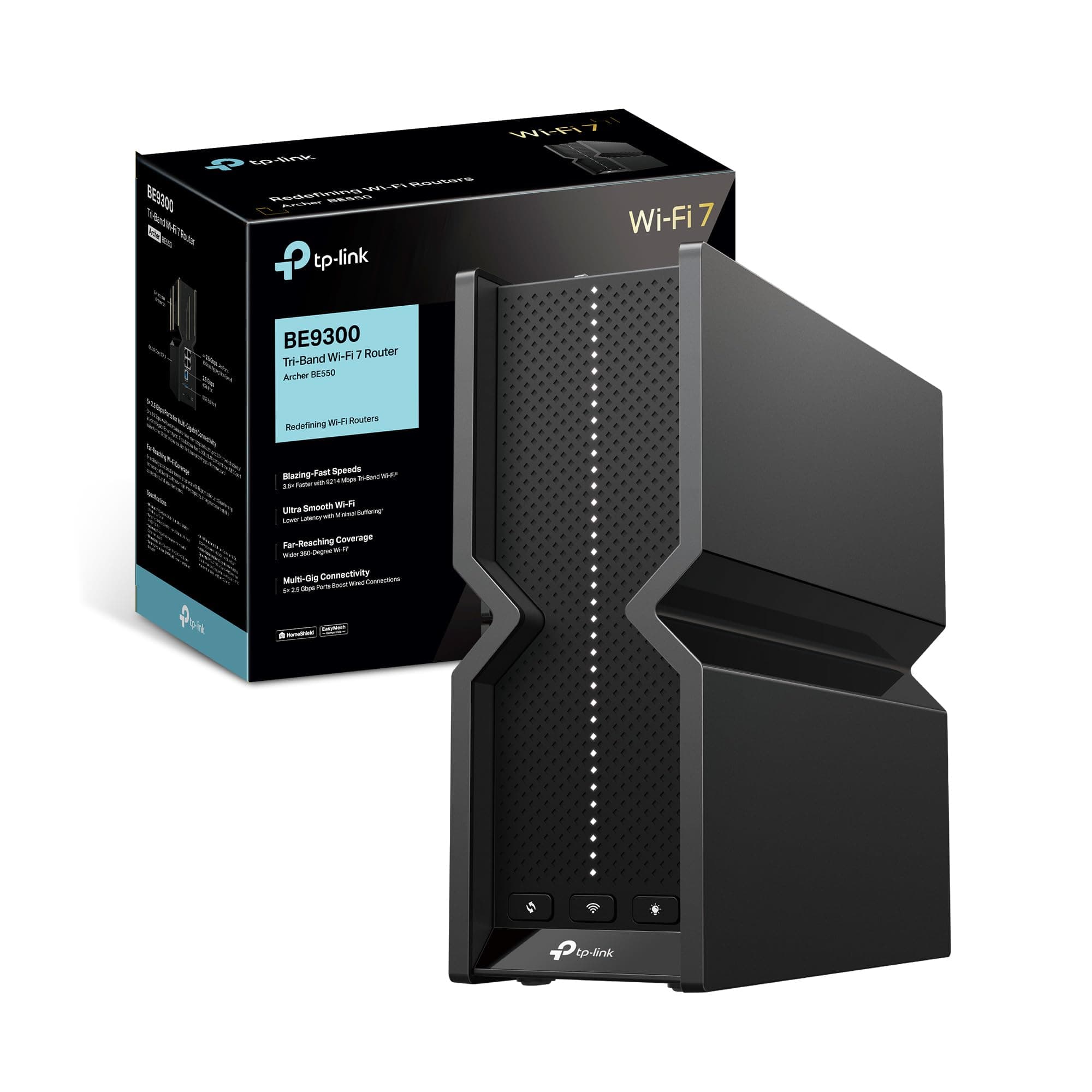 TP-Link Archer BE550 Router WiFi 7, Tri-Band BE9300Mbps, Canali 320 MHz, Banda 6 GHz, 5 porte 2.5G, Porta USB 3.0, EasyMesh, 6 × Antenne interne, Ripetitore WiFi Mesh, VPN Client e Server