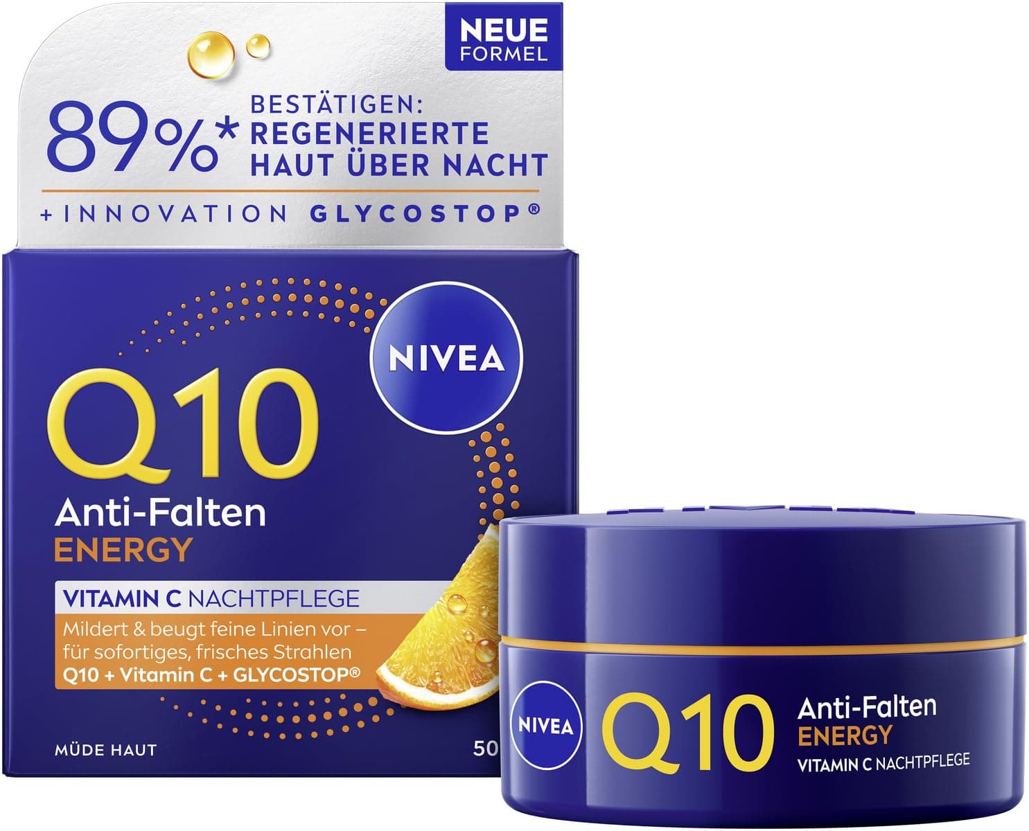 NIVEA Q10 Anti-Falten Nachtcreme, regenerative Gesichtspflege für alle Hauttypen, straffende Nachtpflege mit Q10, Glycostop & Vitamin C, ENERGY Vitamin C Nachtpflege (50 ml)