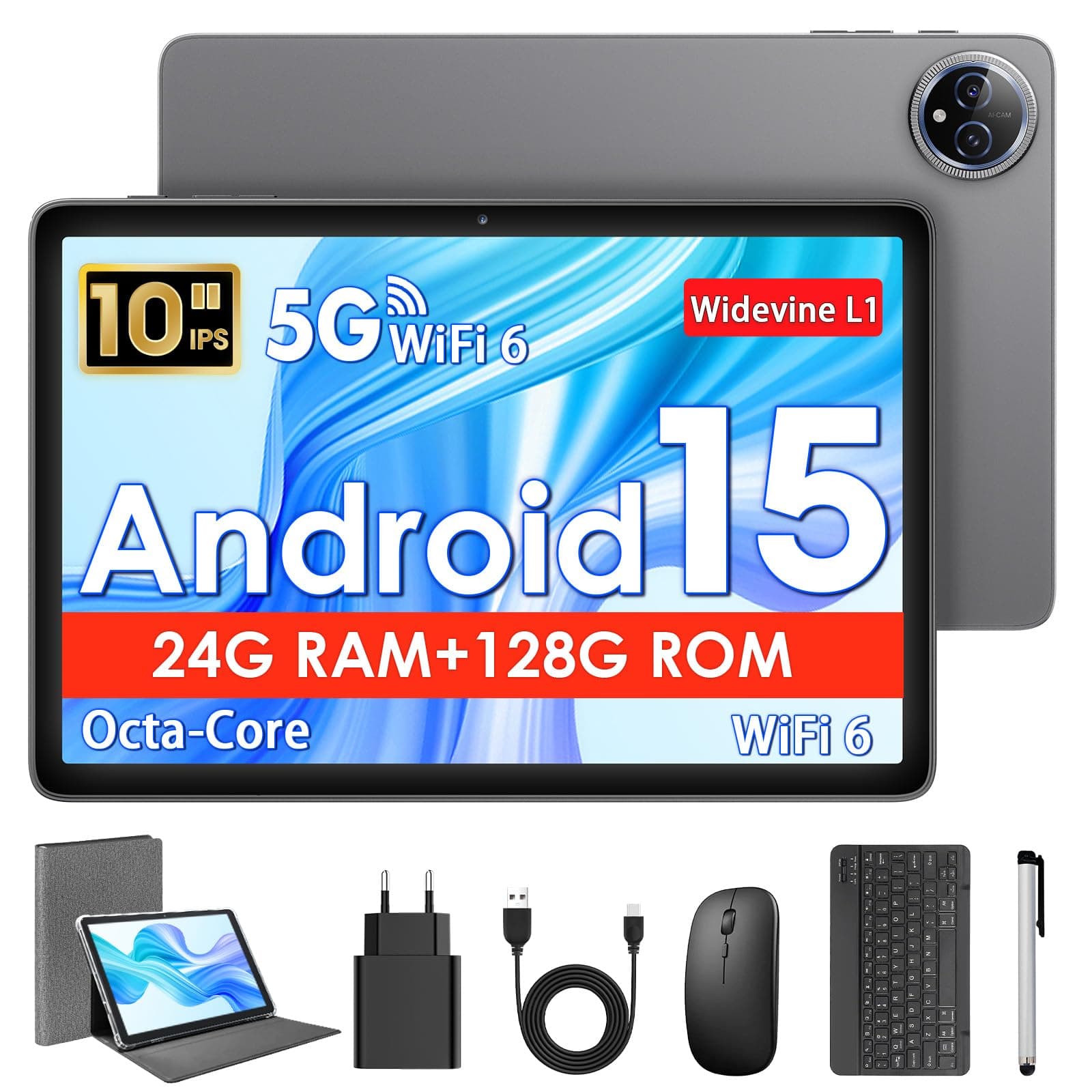 Tablet 10 Pulgadas, Tableta Android 15 con Funda, Ratón & Teclado, Octa-Core, 24 GB RAM + 128 GB ROM + 1 TB TF, Pantalla IPS HD 1280x800, Cámara Dual, 6000 mAh, WiFi 6, BT 5.0, Widevine L1, GPS, Gris