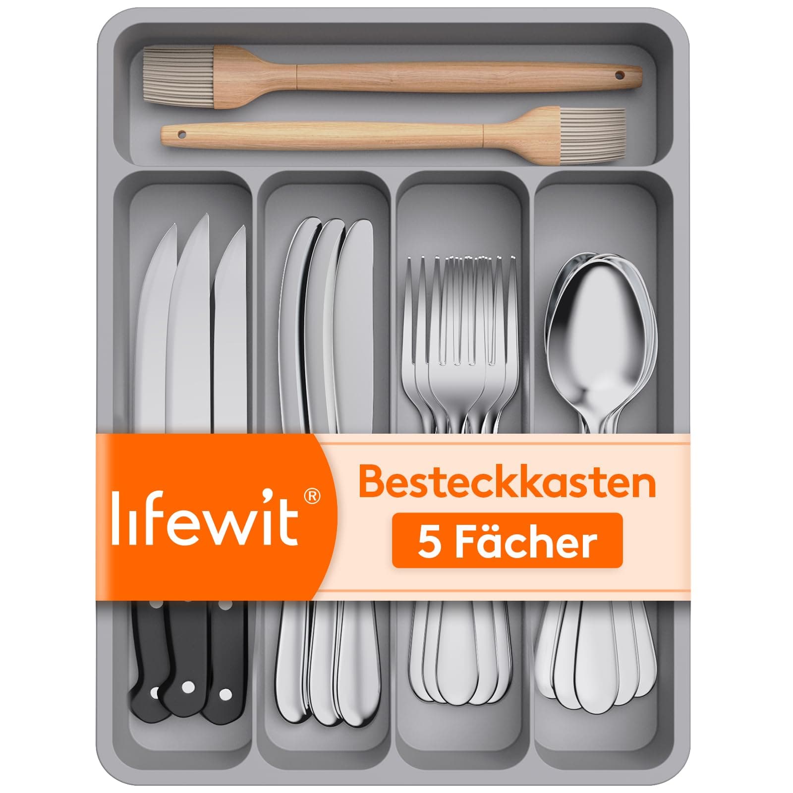 Lifewit Besteckkasten für Schubladen, 23 x 32 cm Küche Kompakt Besteckeinsatz, aus Kunststoff Utensilienhalter für Löffel, Gabeln, 5 Fächern, Grau