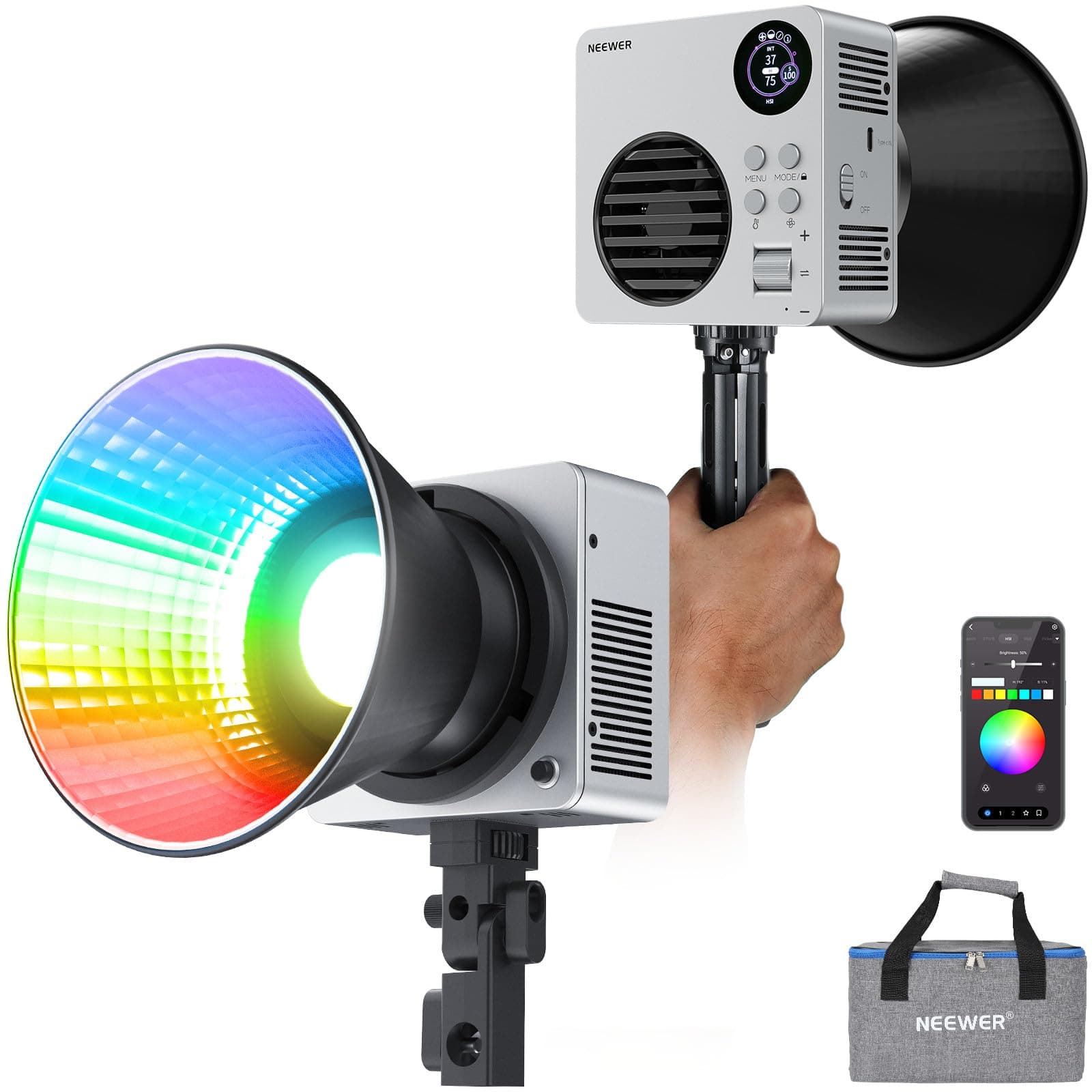 NEEWER HB80C Luce Video LED RGBWW 80W con Batteria 72Wh e Ricarica Rapida PD 100W, Attacco Bowens, CCT 2500-7500K, Luminosità 10400lx/m, 18 Effetti Illuminazione per Studio, Fotografia e Videografia