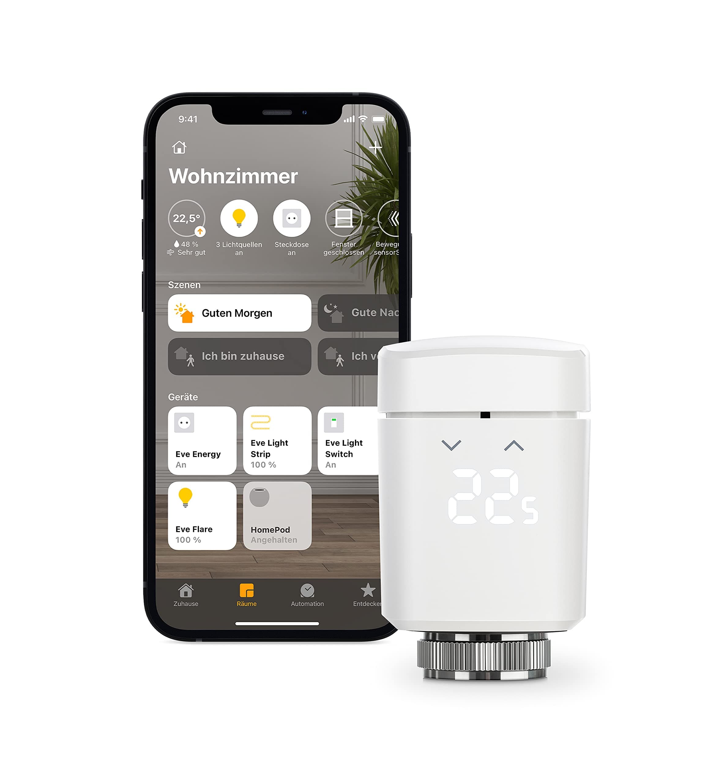 Eve Thermo (Apple Home) - Smartes Heizkörperthermostat, spart Heizkosten, Moderne Heizungssteuerung (App/Zeitpläne/Anwesenheit), einfach installiert, für gängige Heizkörperventile, Bluetooth/Thread
