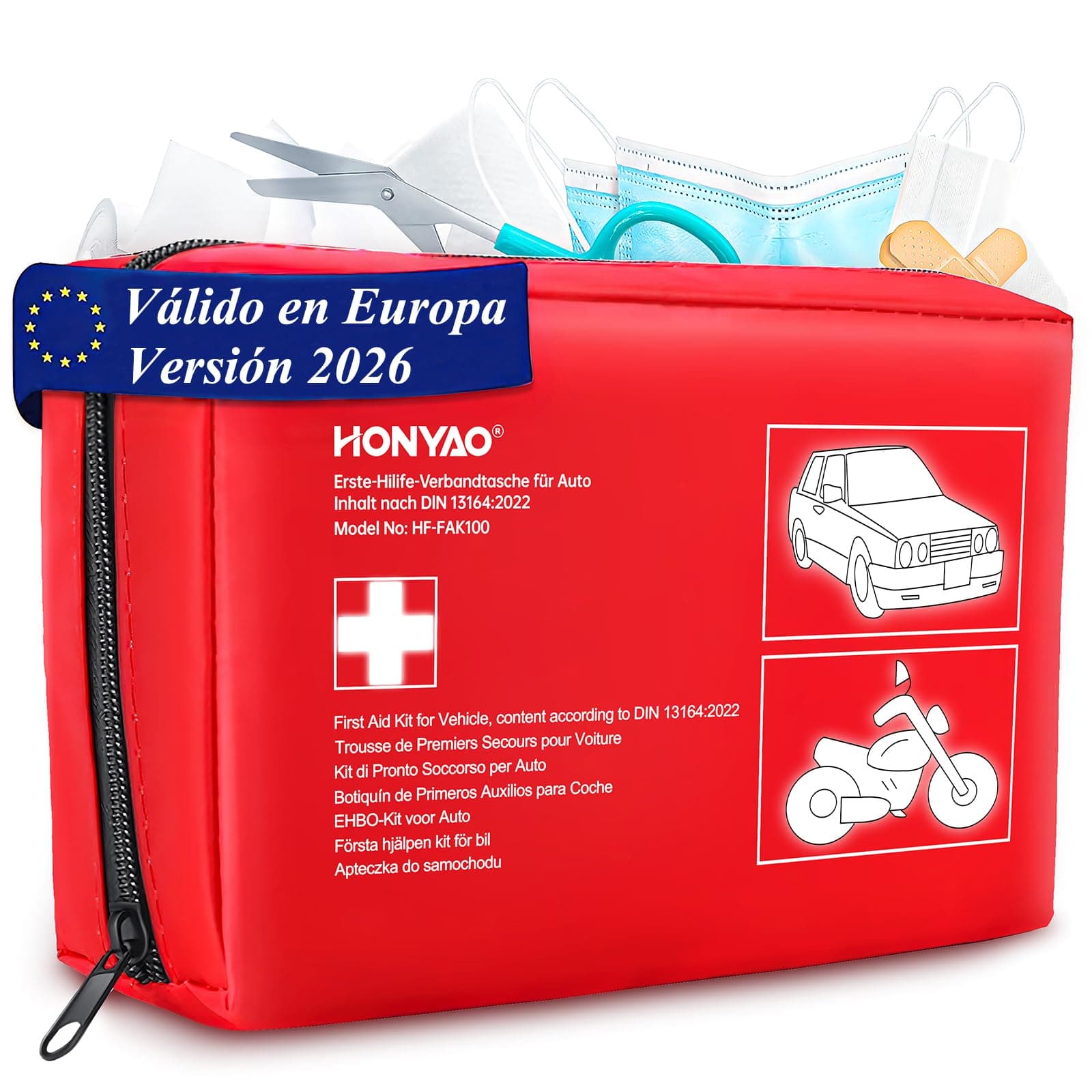 HONYAO Botiquín de Primeros Auxilios Coche, Kit Primeros Auxilios con la Última Norma DIN 13164, Botiquin para Automóvil Camiones Caravanas Moto Viaje Casa Cámping