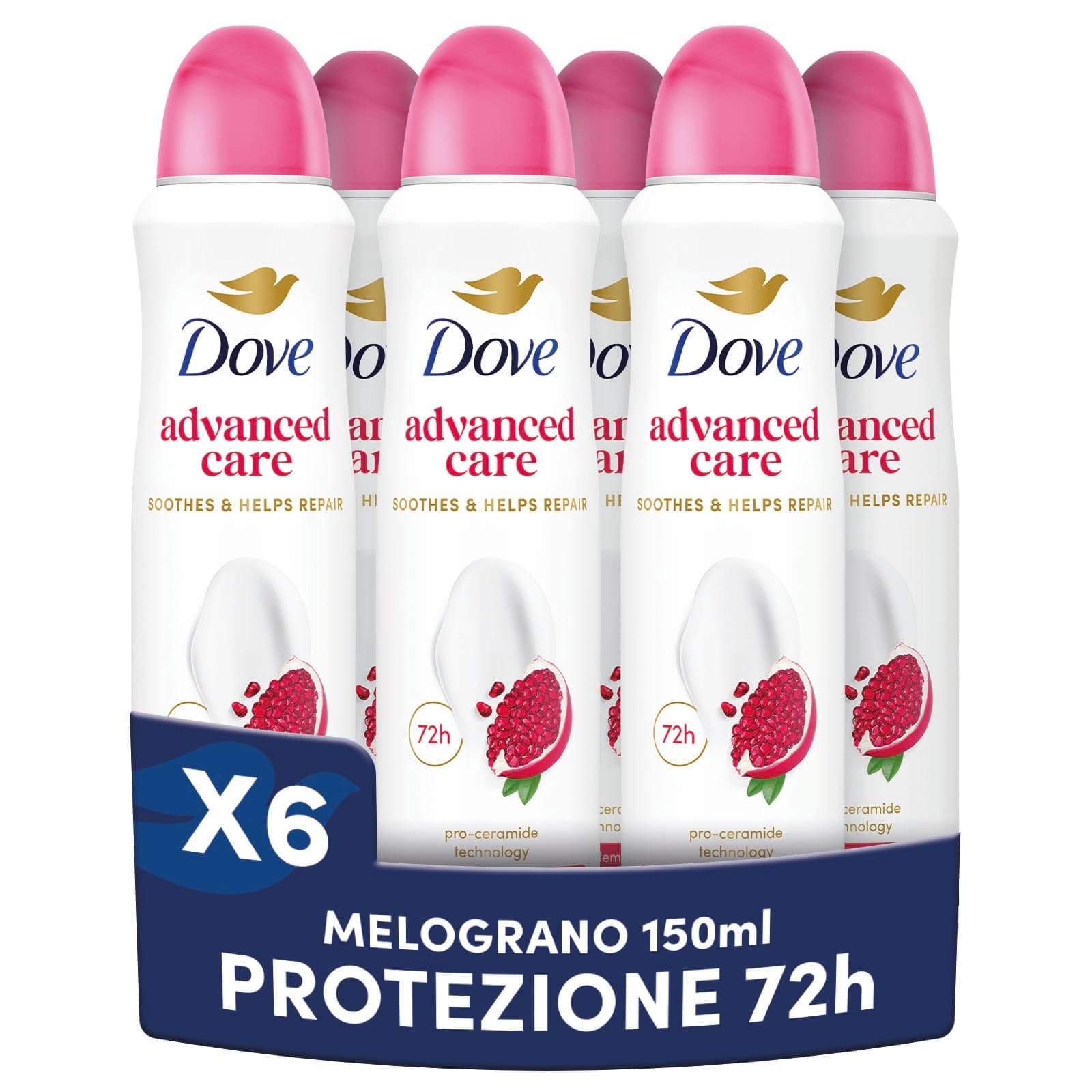 Dove Deodorante Spray Advanced Care Go Fresh Melograno, con Formula Idratante e Delicata sulla Pelle, Senza Alcol, Pelle Asciutta Fino a 72 Ore, Deodorante Uomo e Donna, 6 Pezzi da 150ml