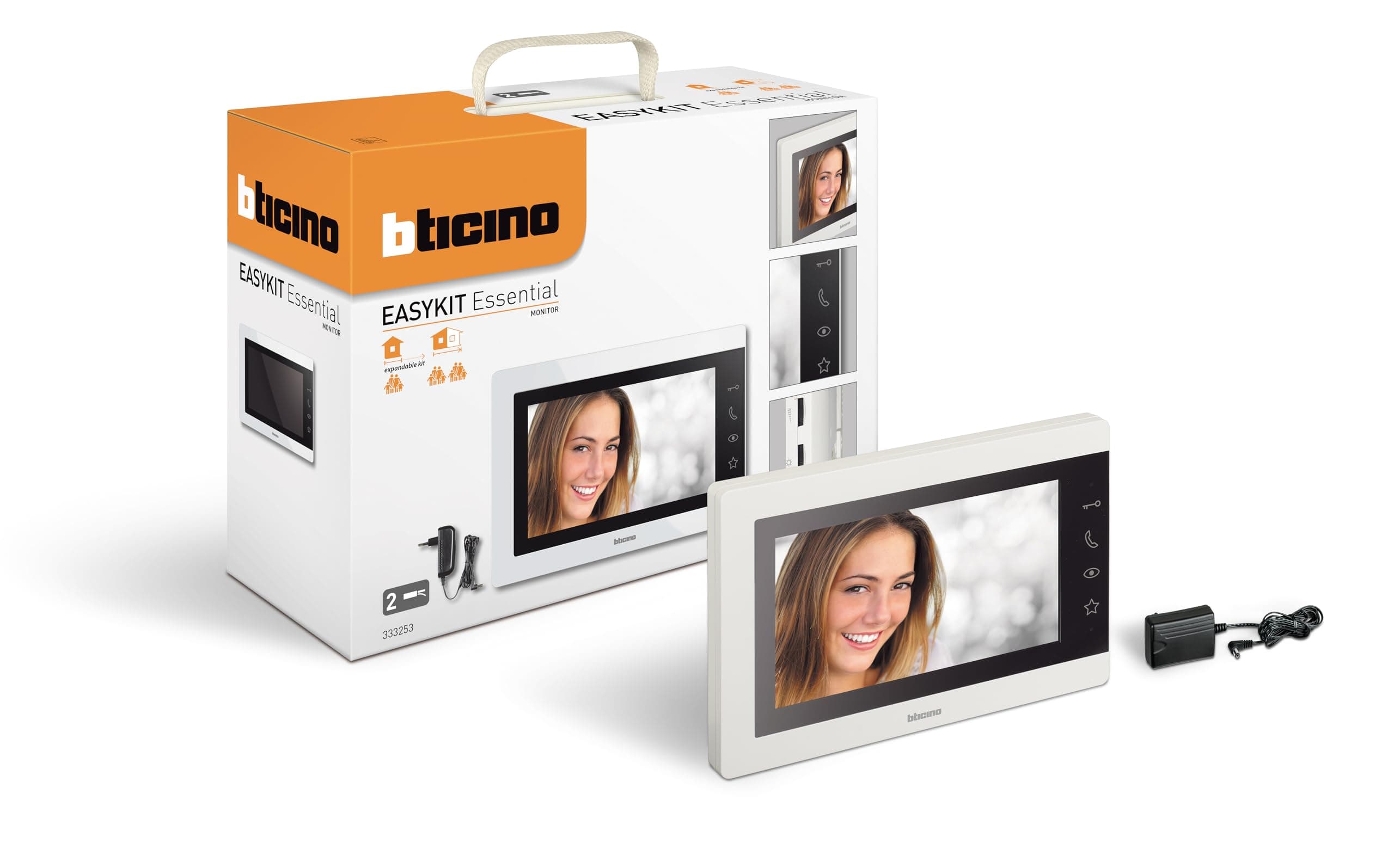 BTICINO 333253 Monitor Supplementare per Videocitofono Easykit Essential, Plug-In 2 Fili, Display 7" a Colori, Vivavoce, Audio Bidirezionale, Comandi Touch Screen, Finitura Bianca