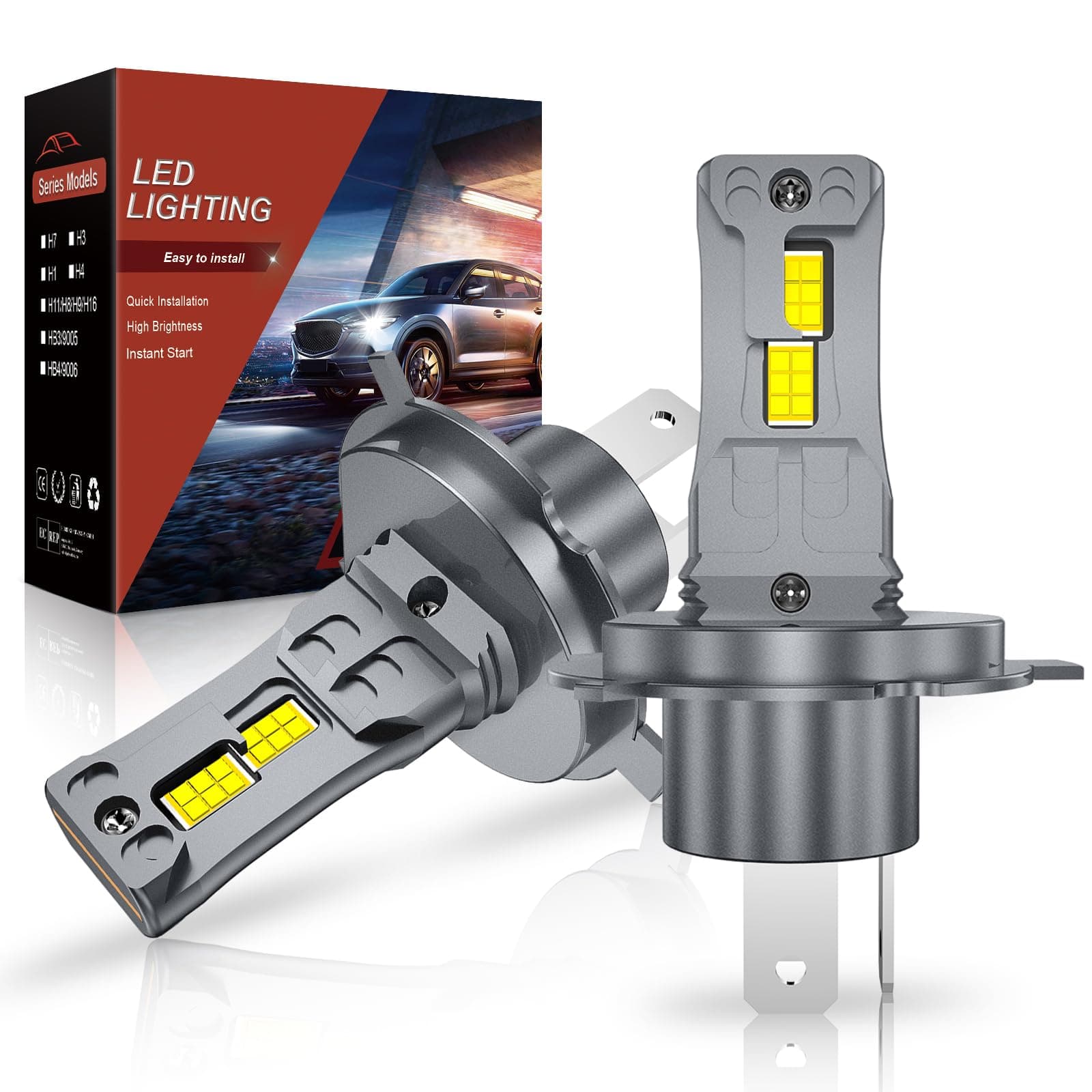 AUXIRACER H4 LED, 6500K Bianco Freddo 30000LM luminosità 500%, H4 LED Lampadine Plug and Play,1:1 Mini Dimensioni, per Abbaglianti/Anabbagliante/Fendinebbia, 2Pezzi