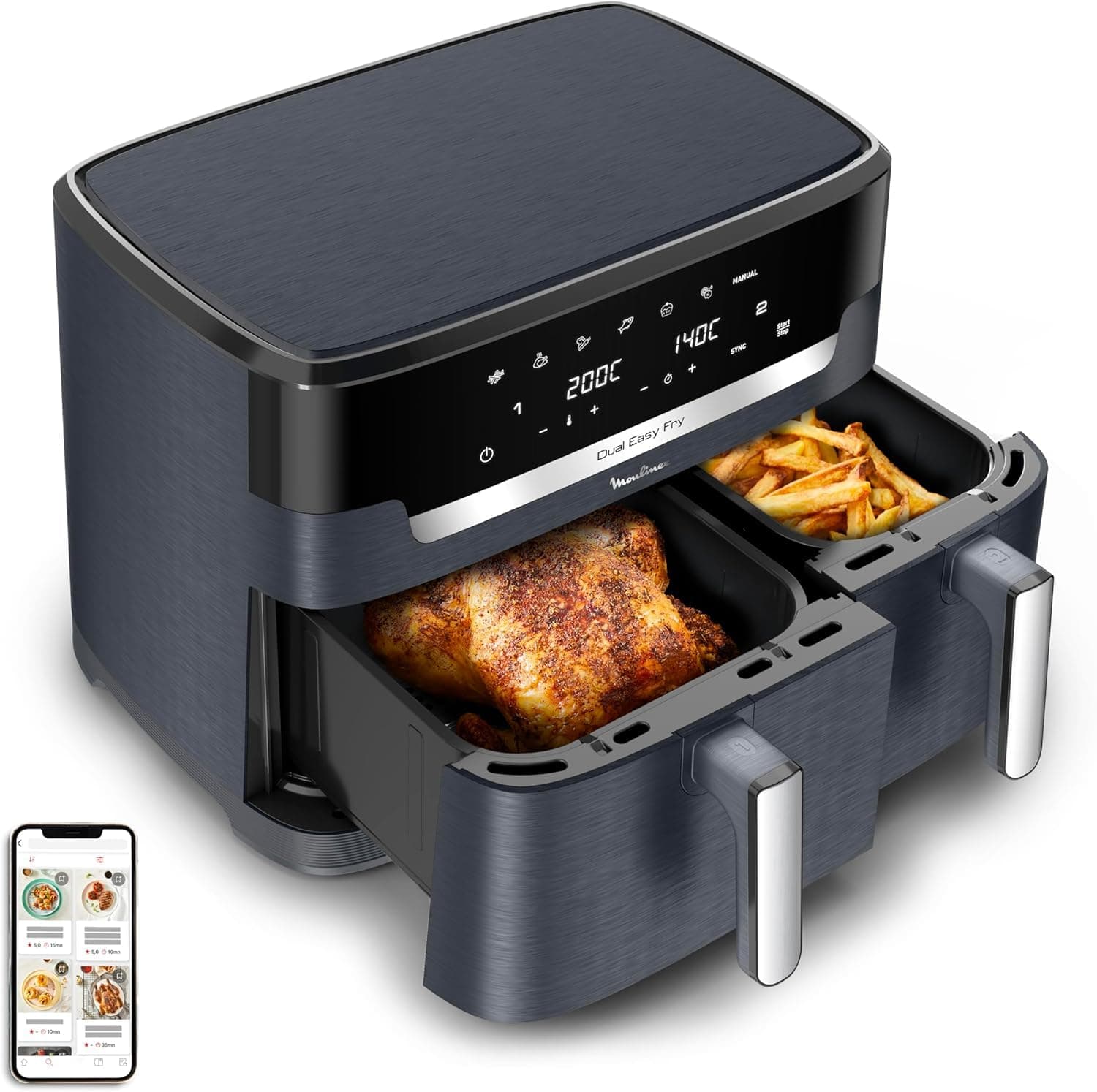 Moulinex XXL Dual Easy Fry 11L: Freidora de Aire de Doble Cesta +8 Personas, Dos cestas (6,5 L + 4,5 L),7 Programas Automáticos, EZ942BF0