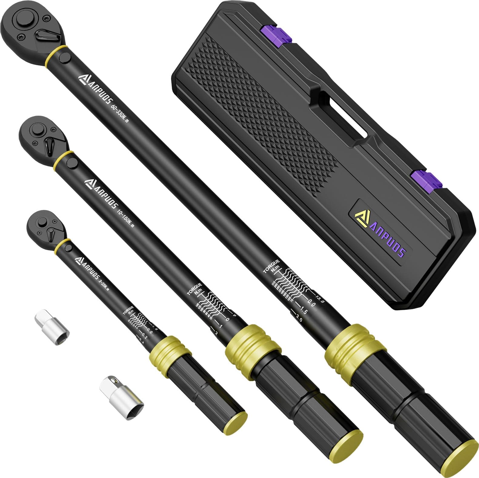 ANPUDS Llave Dinamométrica 1/4" & 3/8" & 1/2", 3-25Nm, 10-150Nm, 60-330Nm, 5 Piezas Llave Dinamométrica de Juego con Alta Precisión ±3%, Cabezal Reversible de 72T para Bicicleta, Moto, Coche, Camión