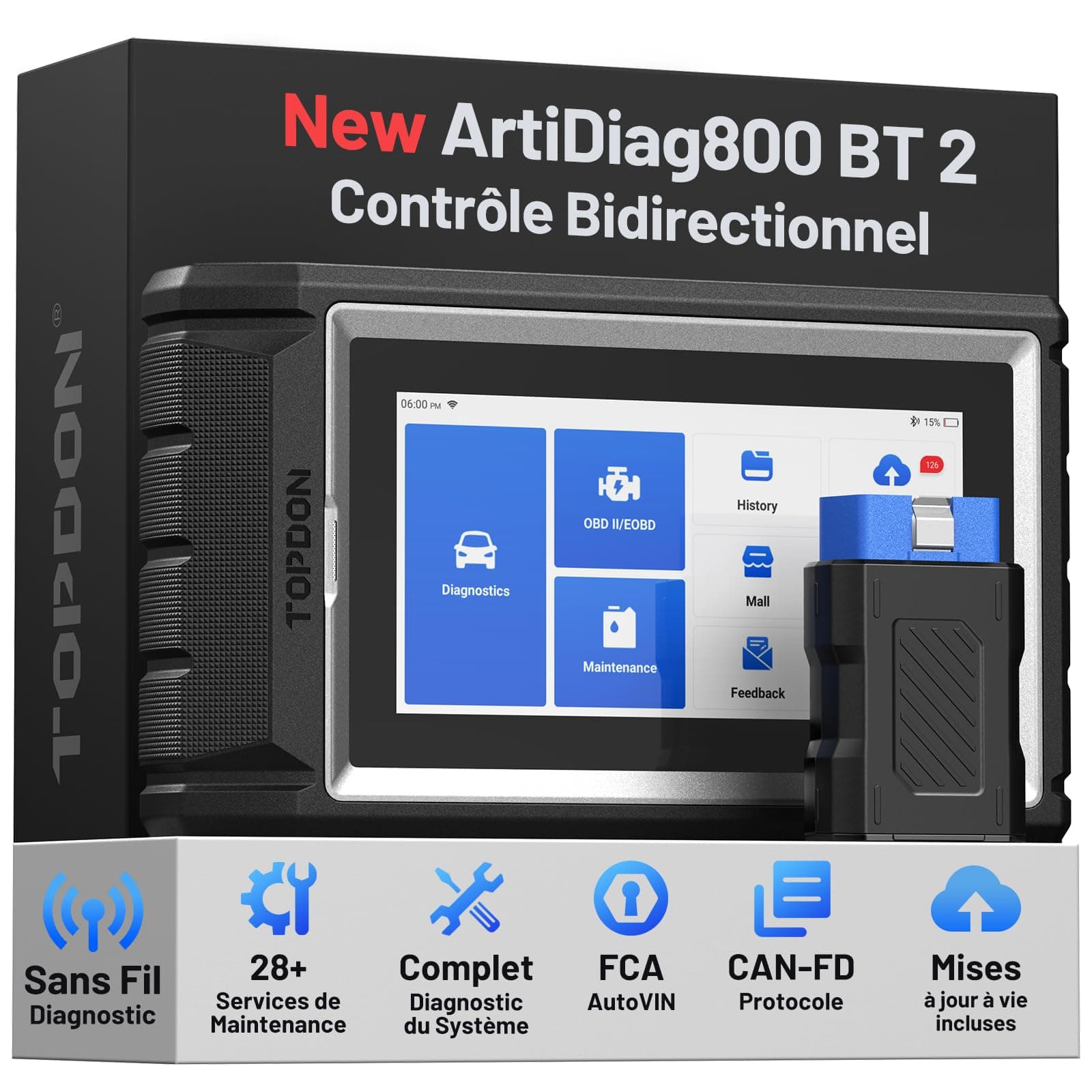 TOPDON ArtiDiag800 BT2 Valise Diagnostic Auto Bluetooth pour Tous Systèmes | 28+ Fonctions de Maintenance, Test Actif, FCA et protocole Can-FD Outil de Diagnostic, Mise à Jour Gratuite à Vie