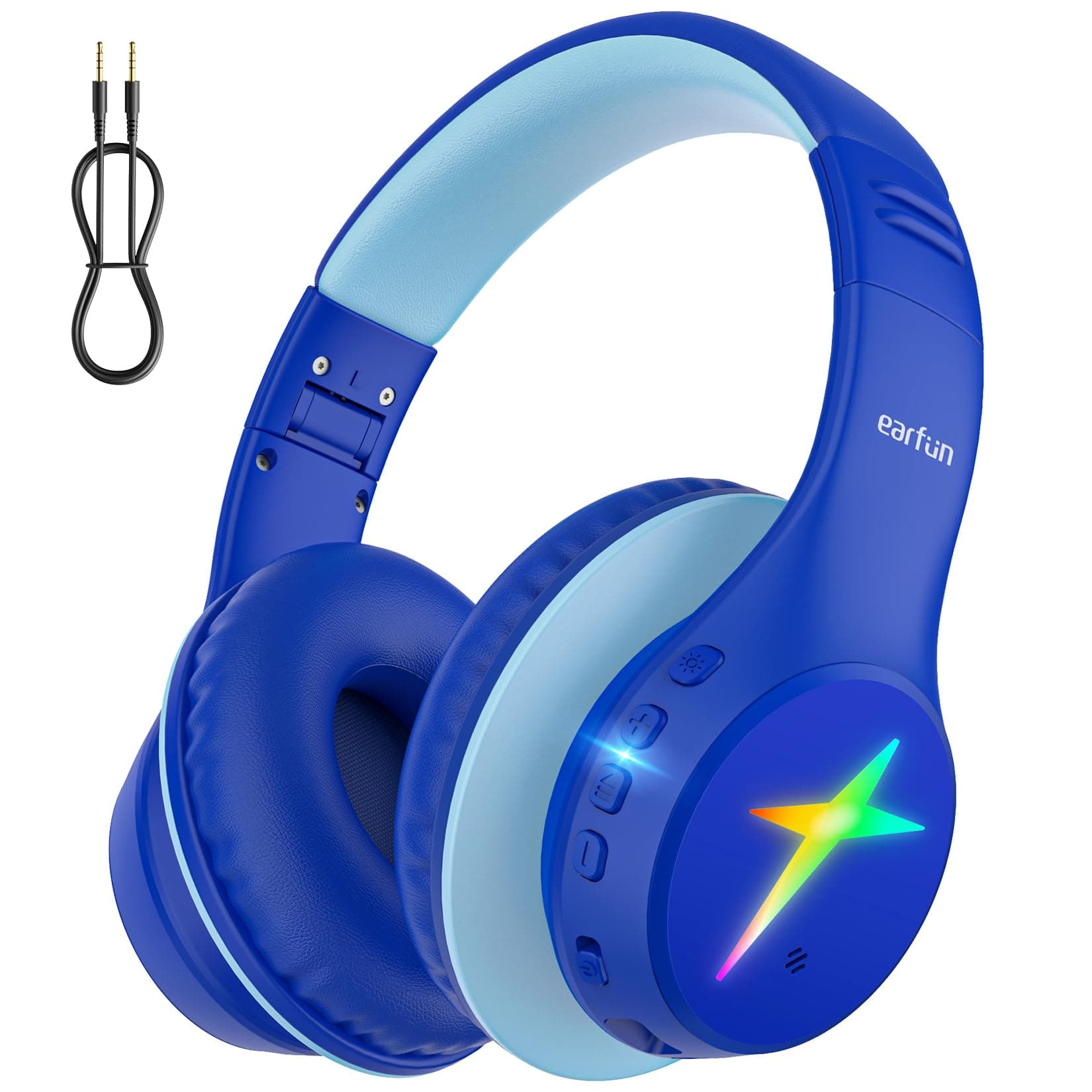 EarFun Bluetooth Kopfhörer Kinder, 5 LED-Beleuchtungsmodi, 74/85/94 dBA Lautstärkebegrenzung, 90 Std Akku, Hi-Fi Klang, HD-Mikrofon, Bluetooth 5.4, Faltbare, Kopfhörer Kabellos Kinder für Schule/Reise