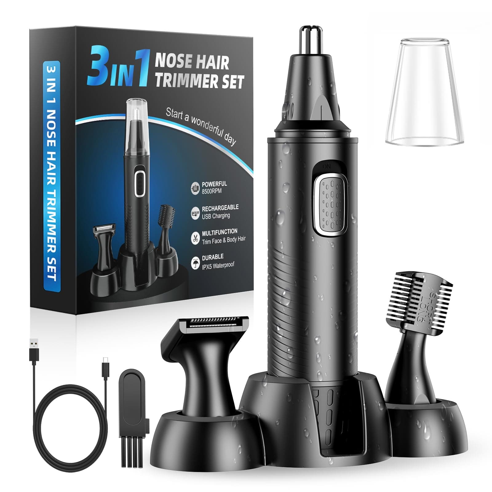 Tagliapeli Naso Orecchie Sopracciglia 3-in-1, Ricaricabile USB - Professionale Indolore e Impermeabile per Uomo Donna, Nero