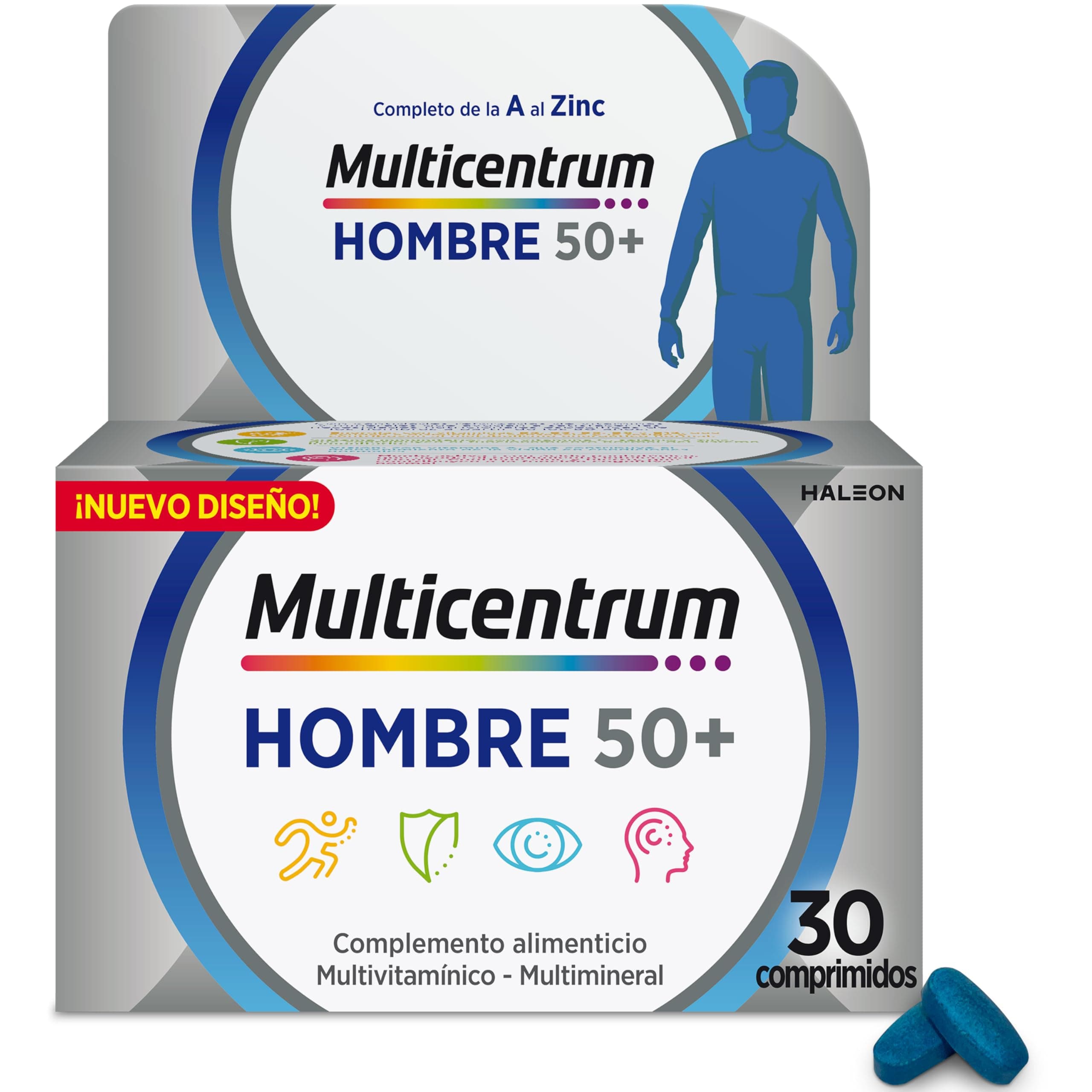 Multicentum Hombre 50+ Complemento Alimenticio Multivitamínico y Multimineral Para Hombres 50+, Con Magnesio y Vitamina C, Sin Gluten, 30 Comprimidos