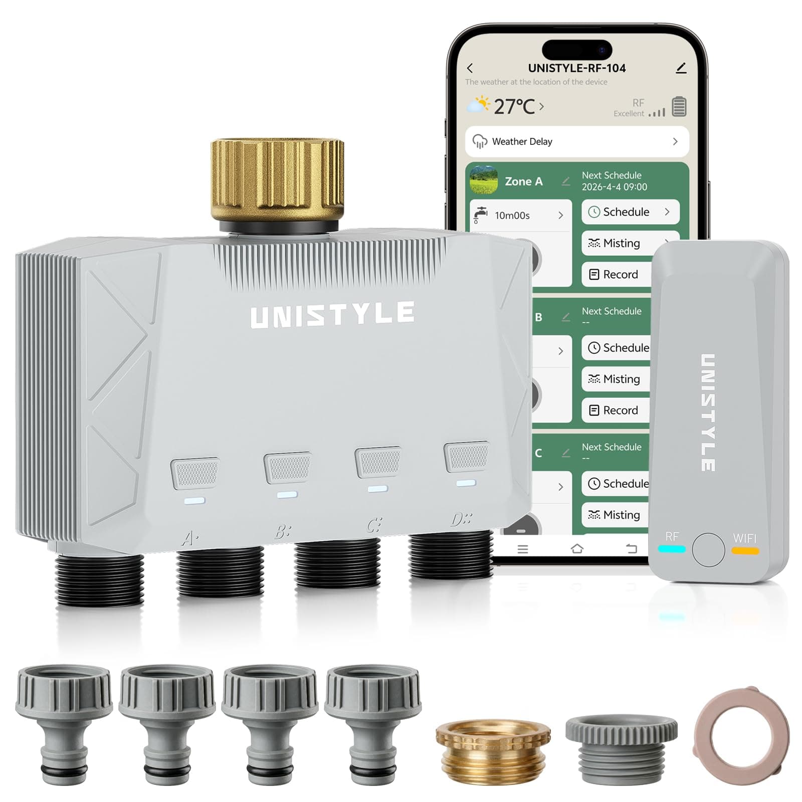 Unistyle Centralina Irrigazione WiFi 4 Vie | Nuova edizione 2026 - Irrigazione Giardino Semplice Tramite APP, 5 Programmi di Indipendenti, Programmatore Irrigazione Automatico per giardino e piante