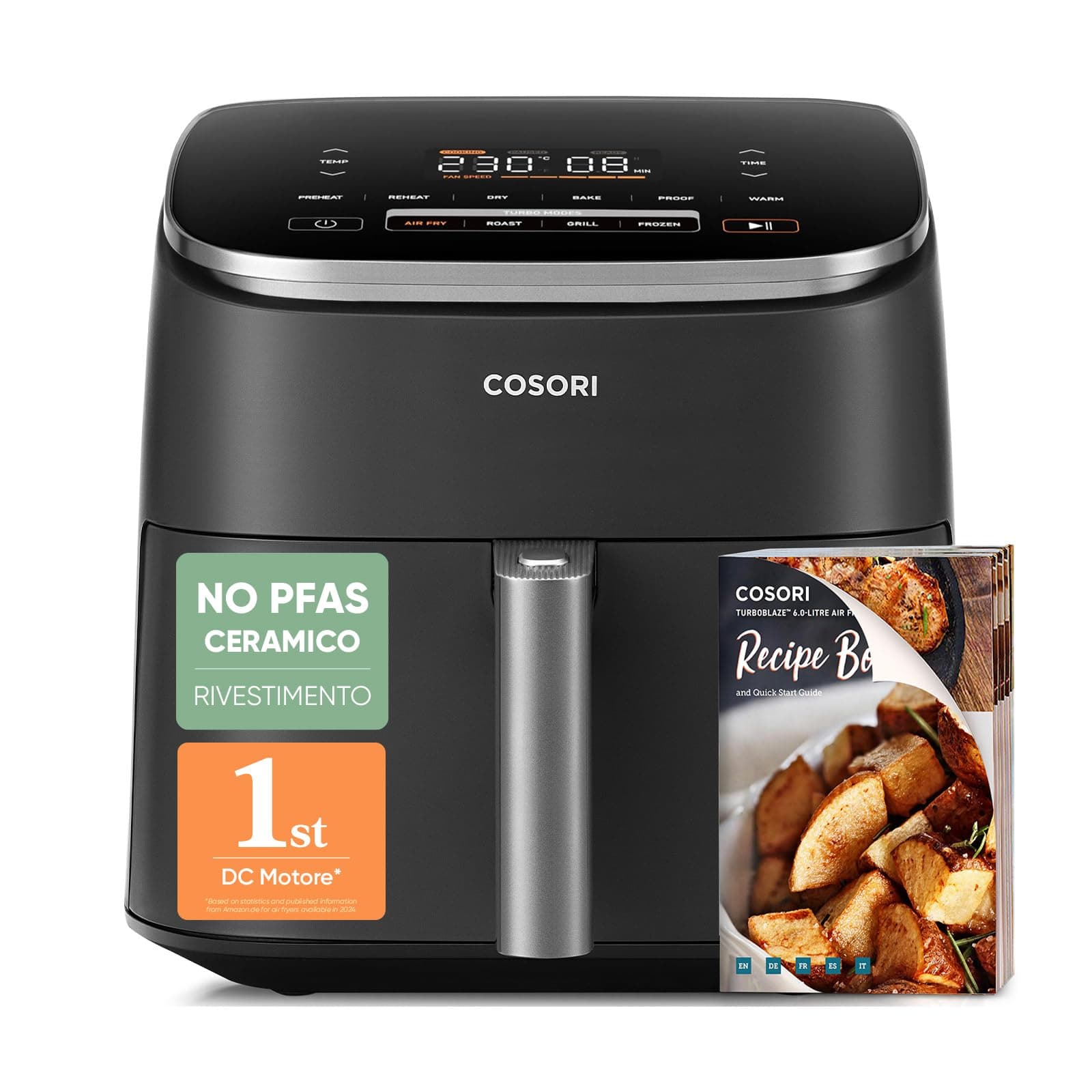 Cosori Friggitrice ad Aria Turbo Blaze 6 Litri, DC Motore, 9 Funzioni 1725W | Rivestimento Ceramico No PFAS, 30-230℃, 5 Velocità della Ventola Automatica, Usa Fino al 95% di Olio in Meno, 110 Ricette