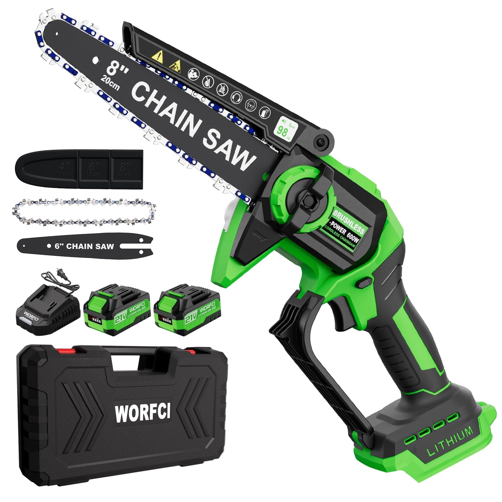 WORFCI 8 Pollici Mini Motosega con 2 Batterie e Caricatore, Sega a Batteria per Potatura Senza Fili, Brushless Motosega con Lubrificazione Automatica, Motosega Elettrica Potatura di Legno/Alberi