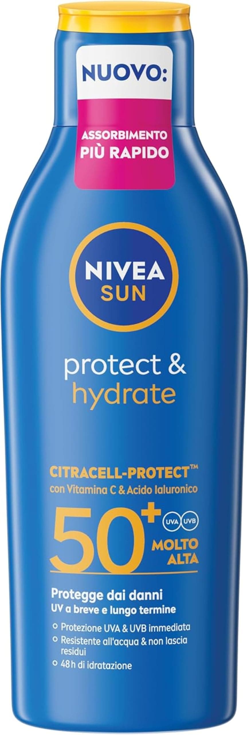 NIVEA SUN Protect & Hydrate SPF 50+ 200 ml, Crema solare 50+ idratante 48h ad assorbimento rapido, Protezione solare 50+ resistente all'acqua arricchita con Vitamina C e Acido Ialuronico