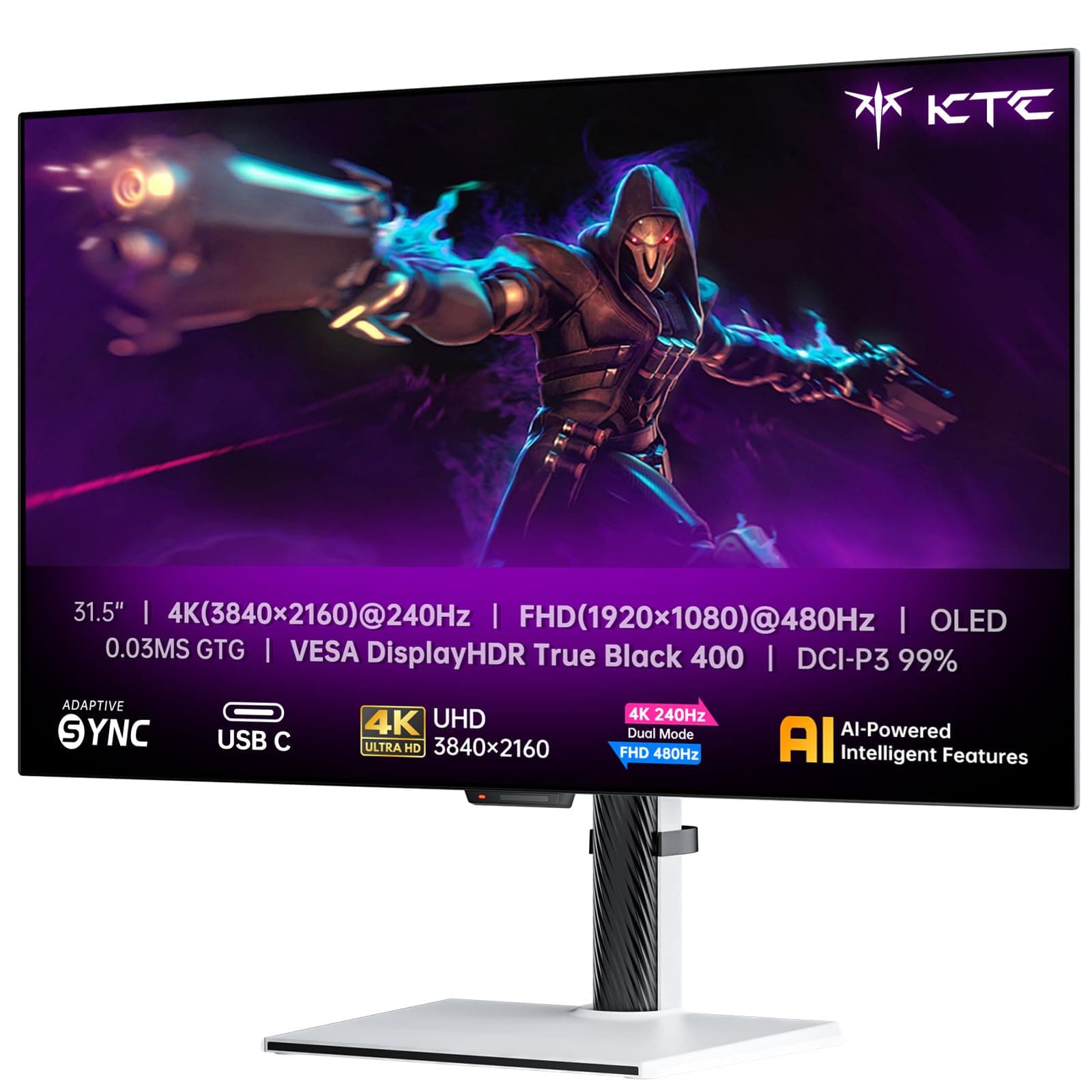 KTC 4K Monitor OLED 32 Pulgadas, Modo Dual 4K@240Hz / 1080P@480HZ Gaming Monitor, Tiempo de Respuesta de 0,03 ms, FreeSync/G-Sync, HDR Ture Black 400, HDMI 2.1, DP 1.4, USB 65 W, 3 x USB A 3.0, KVM