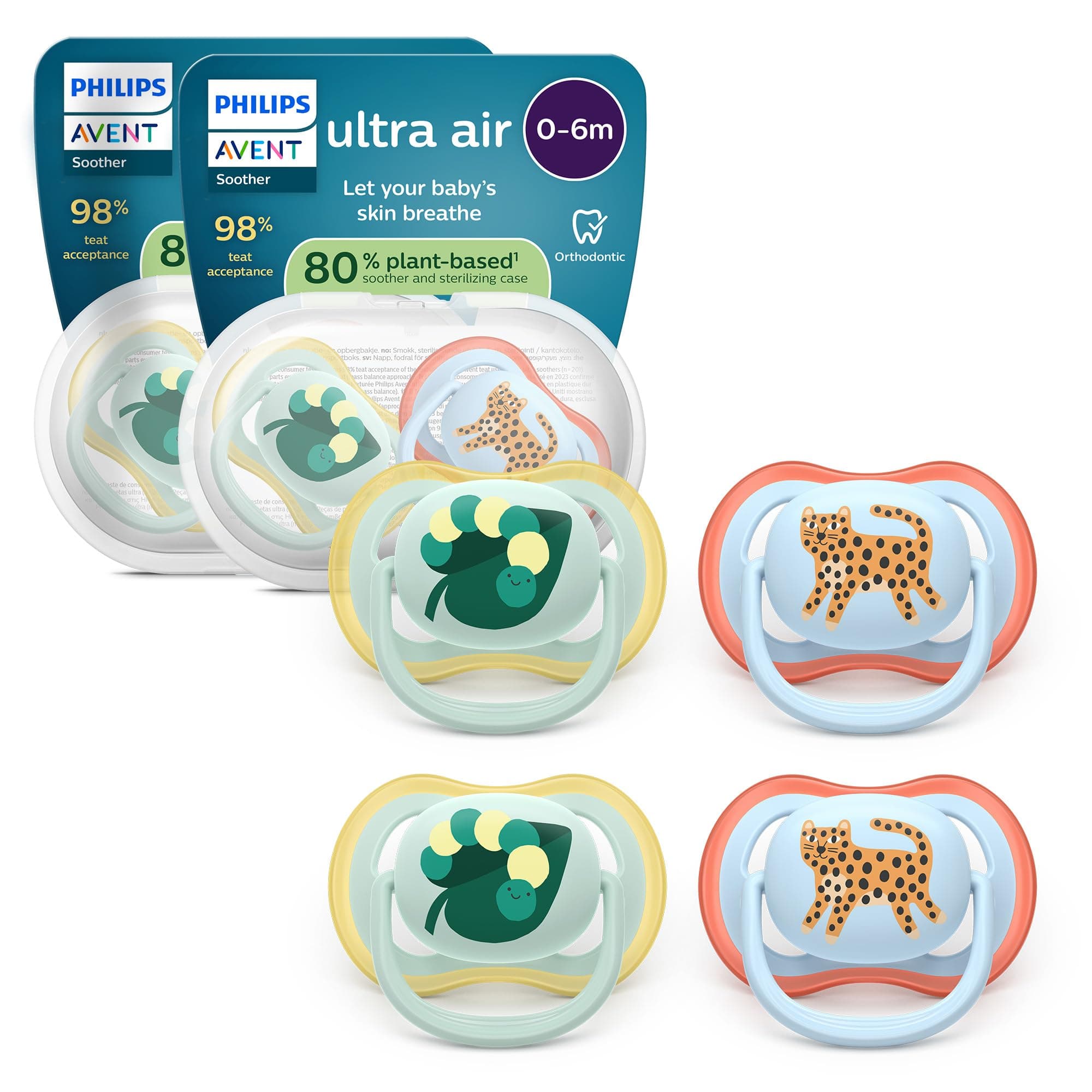 Philips Avent ultra air Schnuller – kiefergerecht geformtes Design, für Babys, 0–6 Monate, weicher, symmetrischer Silikonsauger, BPA-frei, 2 Sterilisationsbehälter, 4er-Pack, SCF087/19