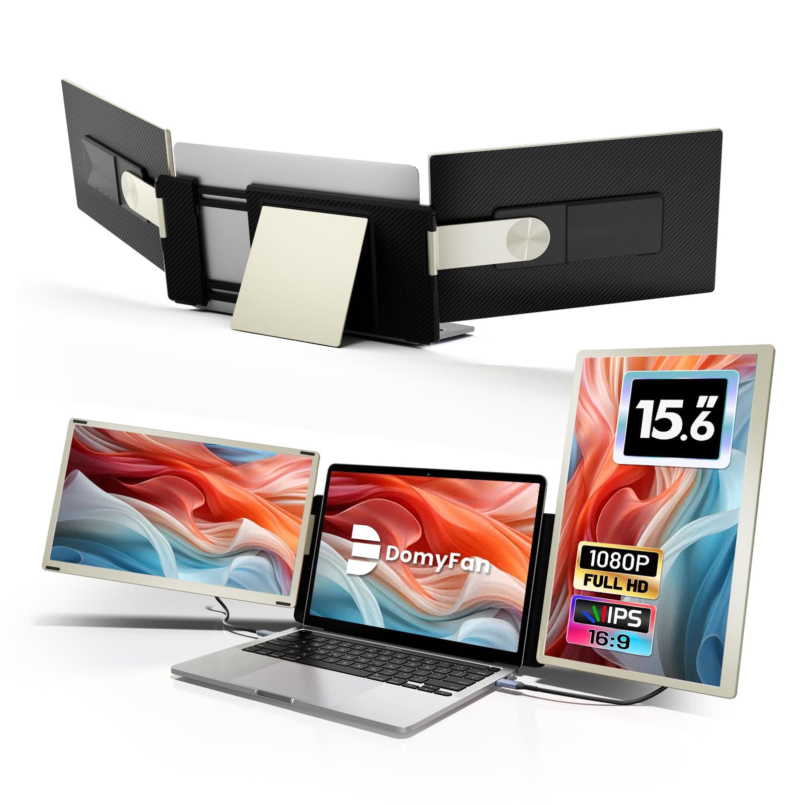 Domyfan Écran Portable 15.6" Triple Moniteur pour Ordinateur Portable 120% sRGB FHD 1080P Convient à Toutes Les Tailles Laptop attaché Type-C USB HDMI plug and play, Pour Mac, Windows, Chrome, Android