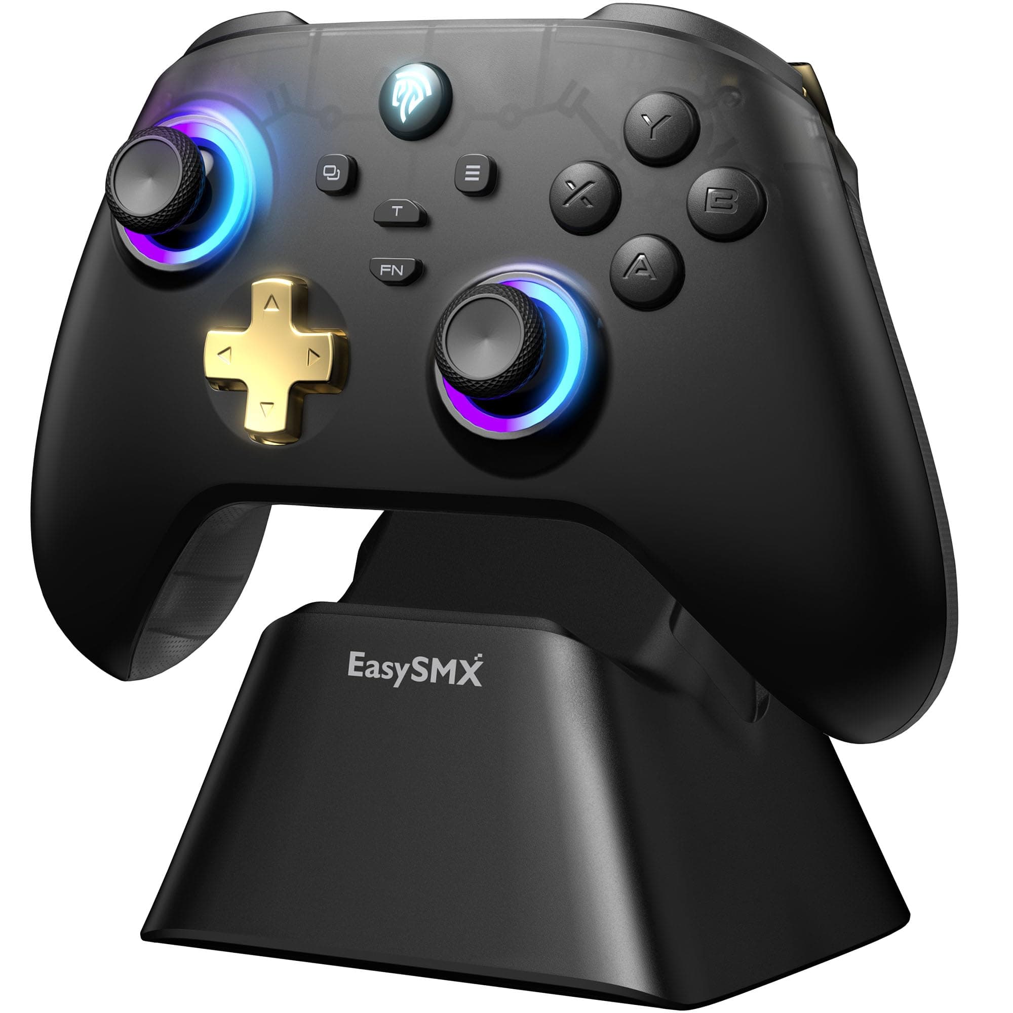 EasySMX D05 Mando PC Inalambrico con Base de Carga - RGB Luz - Hall Joystick - Hall Trigger, Gamepad con 1000 mAh Batería Recargable- Vibración - Turbo- para PC/Switch/Móvil - Negro