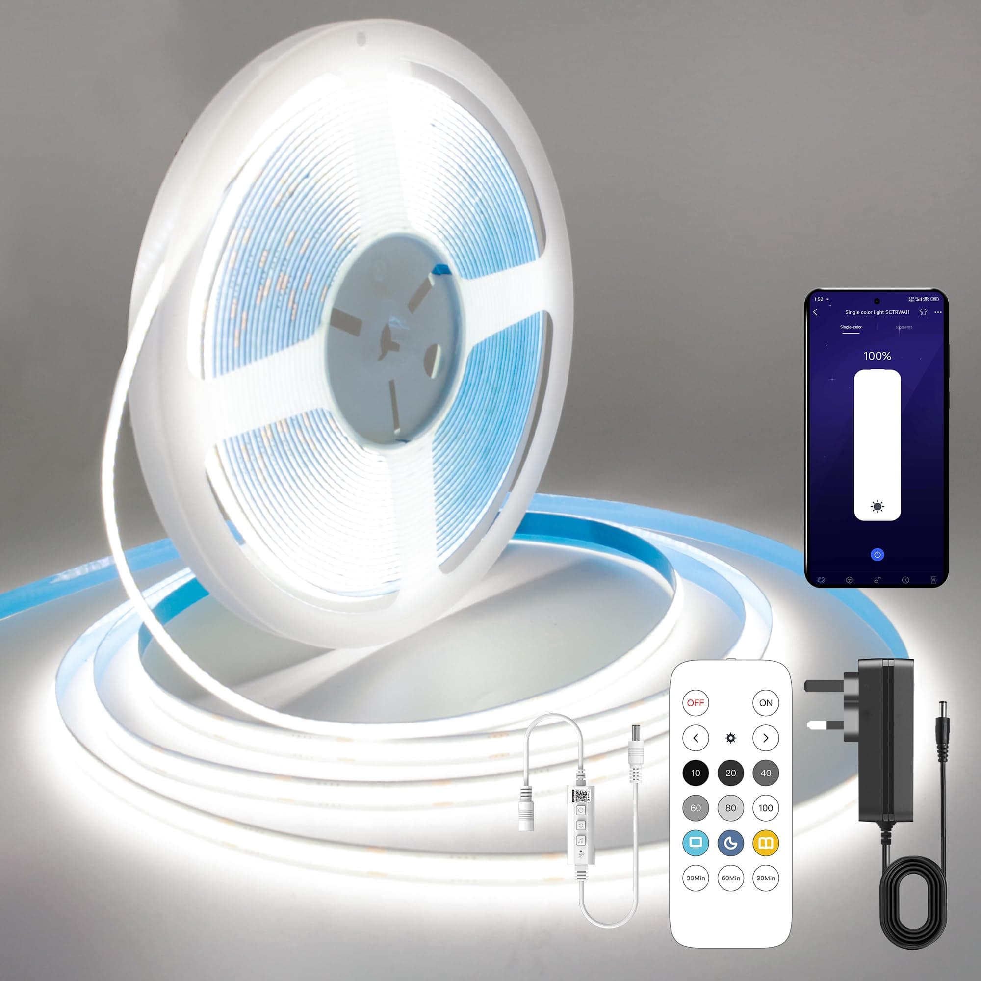 FUIQI Striscia LED COB10 metri,striscia led cob bianco luce diurna 6000K,24V Smart app e telecomando Striscia LED dimmerabile,320LED/M,CRI>90, larghezza,adatto per camere da letto,cucine,armadi