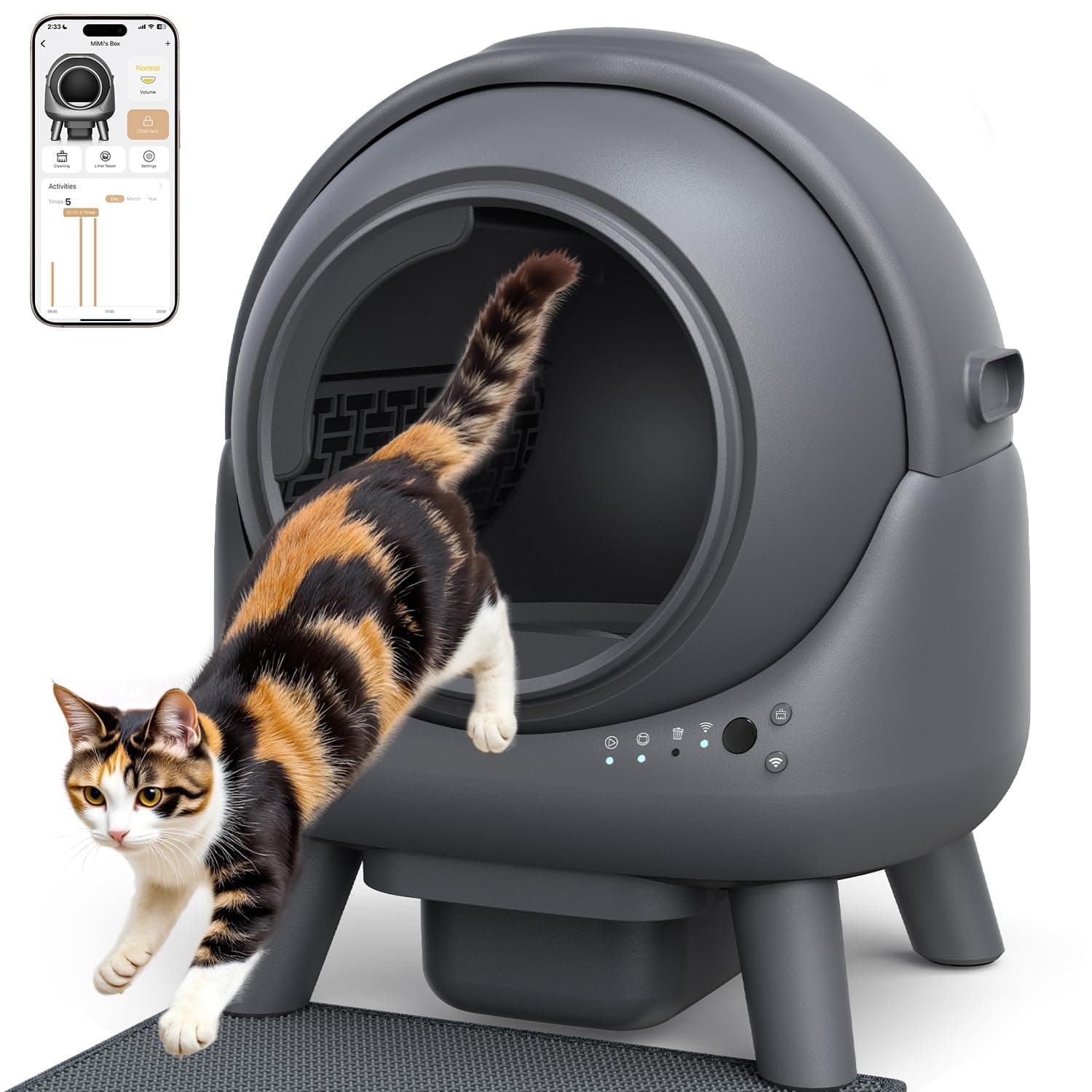 Arenero Gatos Autolimpiable FEELNEEDY Caja de Arena Sin Olor, Control de Olores, App Monitor en Tiempo Real, Sensores de Seguridad, 65L para hogares con Varios Gatos, con 1 Bolsa de Basura