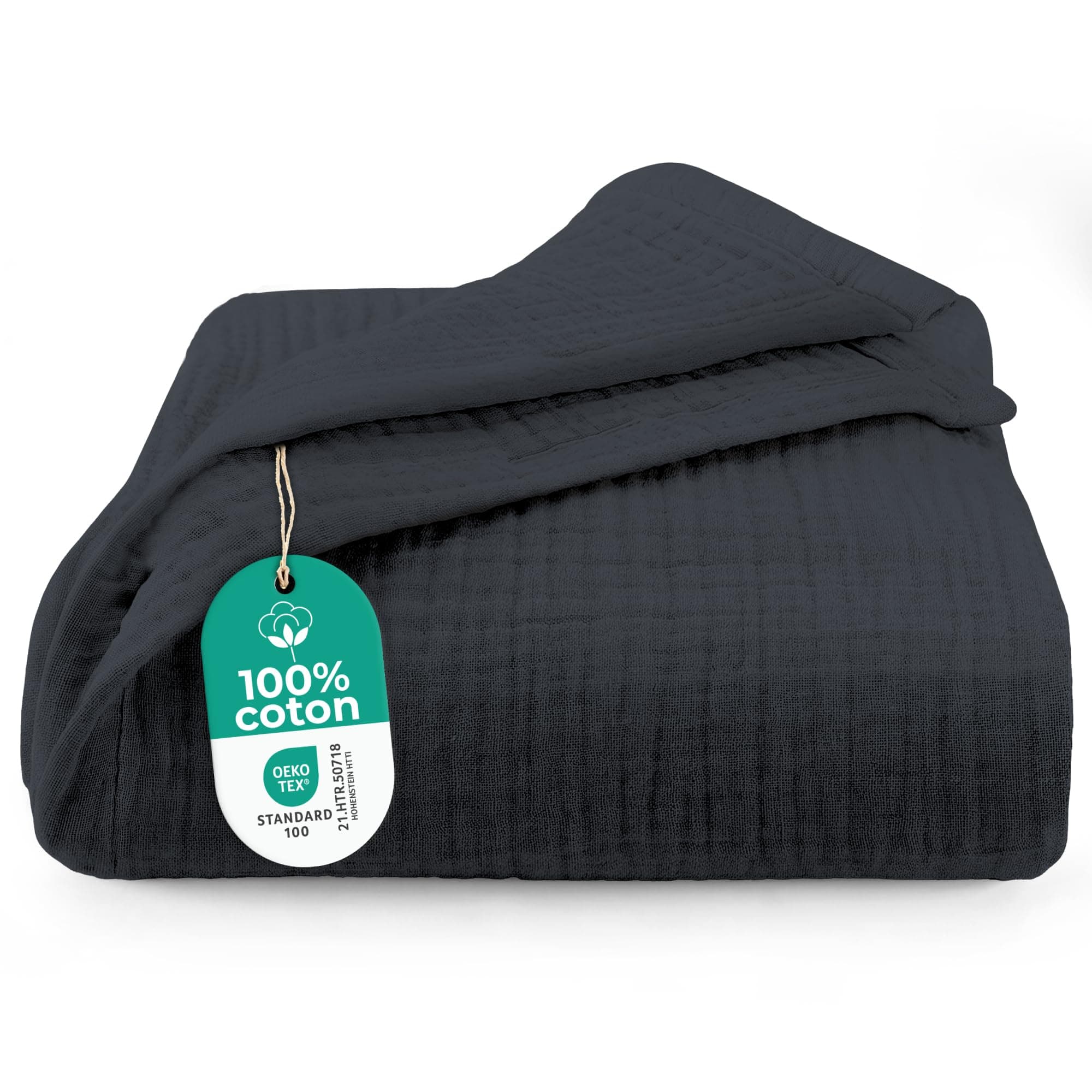 Dreamzie Couverture en Mousseline 220x240 cm - Couverture Coton légère été et Respirante pour lit et canapé - Plaid Gaze de Coton Oeko-Tex – Anthracite