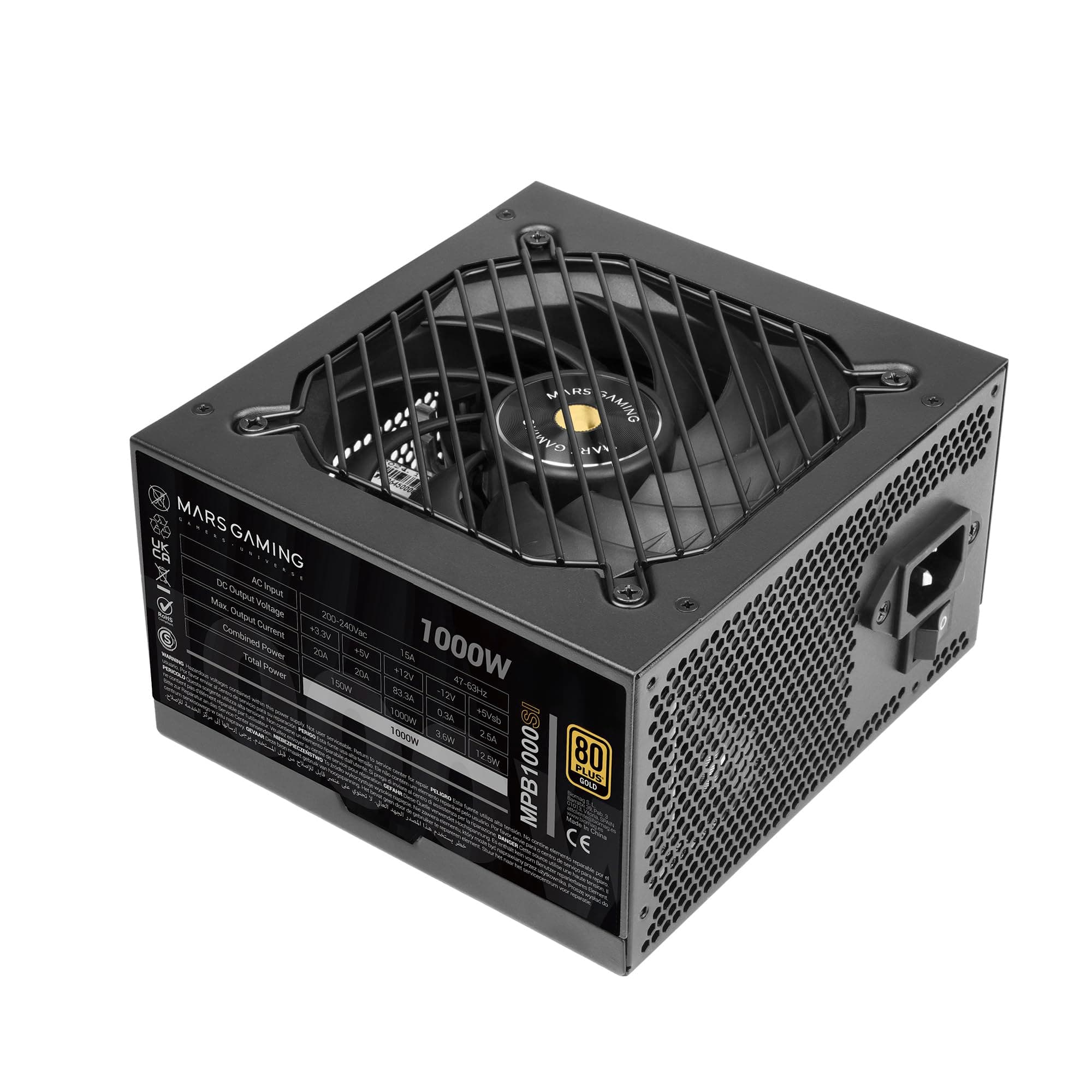 Mars Gaming MPB1000SI, Fuente Alimentación PC ATX 1000W, 7 Años de Garantía, 80Plus Gold 90%, Ventilador SI Extreme Silence con Núcleo de Cobre y Aluminio, Tecnologías AI2-RPM, DC-DC y SMD, Negro