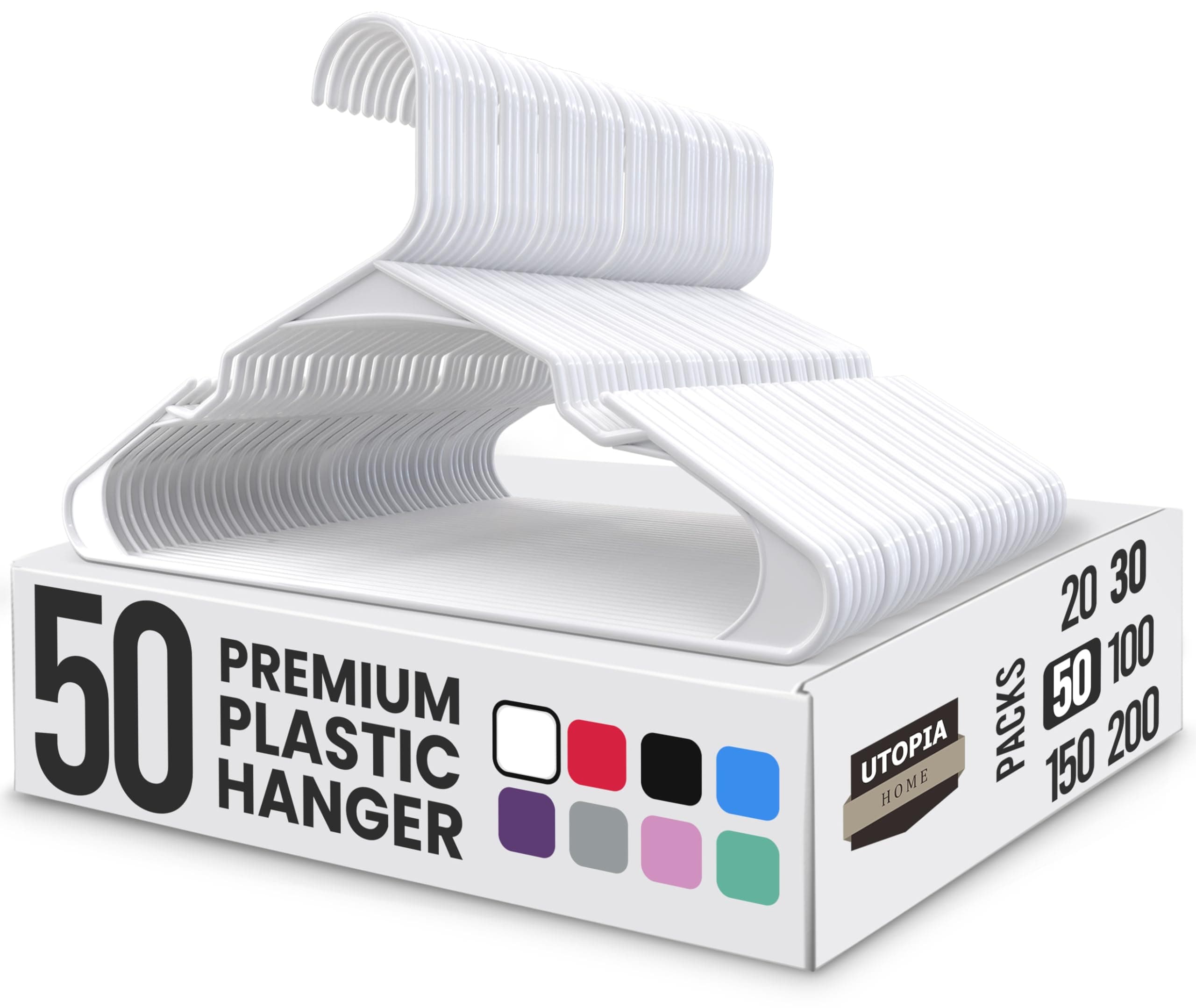 Utopia Home 50 confezioni di appendini in plastica salvaspazio, resistenti con scanalature per la spalla, bianco