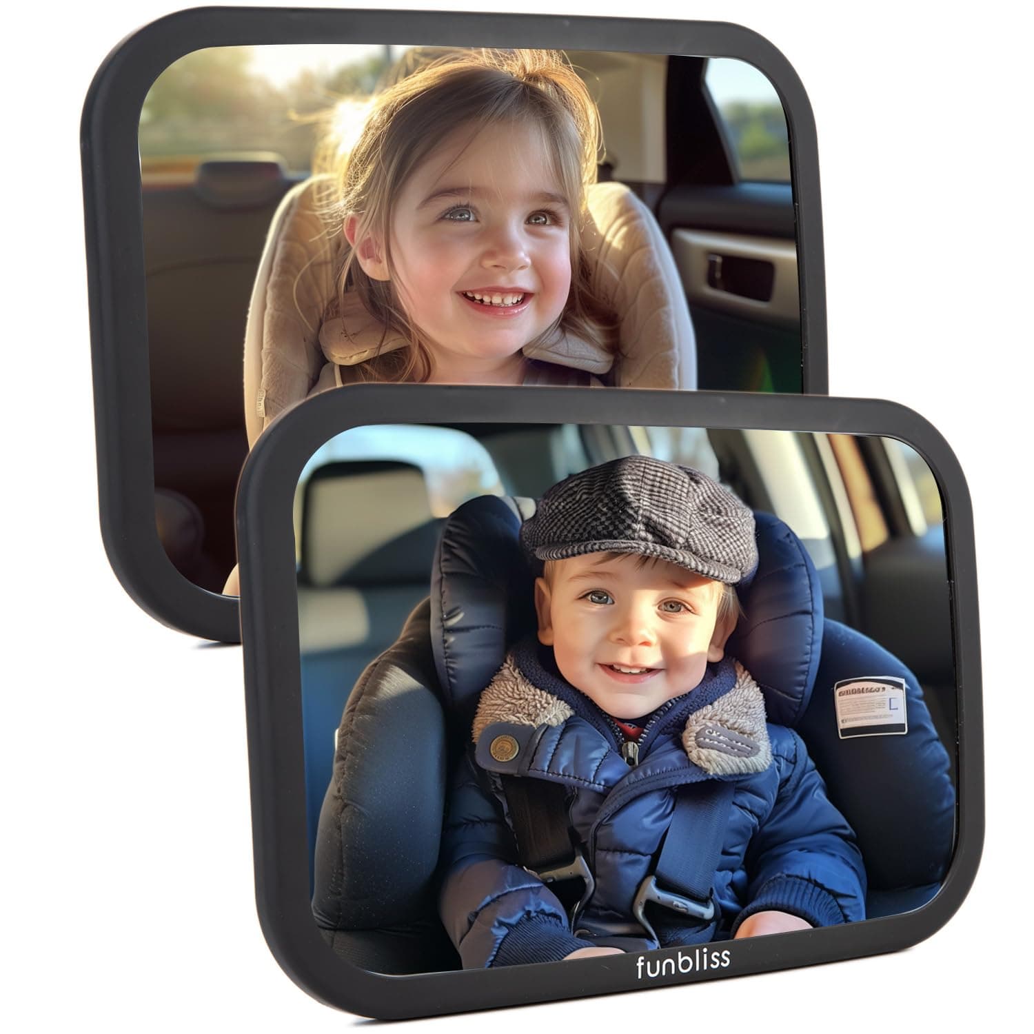 Funbliss 2 Paquetes Espejo Coche Bebe,Espejo Coche Bebe Asiento Trasero,Con Vclara y Amplia, Instalación Rápida,360° Rotación,Vidrio Acrílico Irrompible