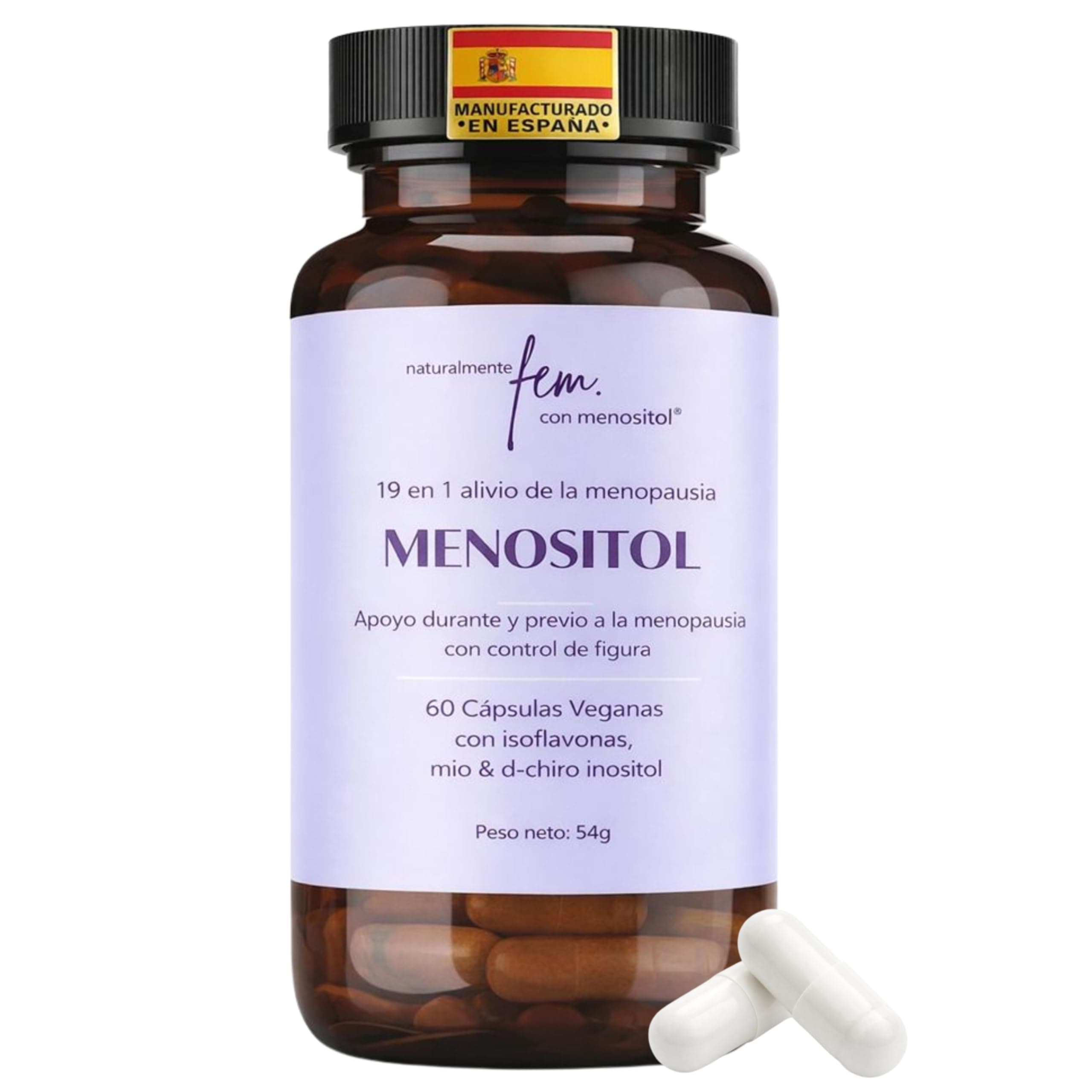 Inositol FEM Menositol 19 en 1 – Suplemento Integral para la Menopausia con Myo-Inositol, D-Chiro e Isoflavonas Naturales – Alivio de Sofocos y Síntomas Menopáusicos – Vitaminas Menopausia Mujer
