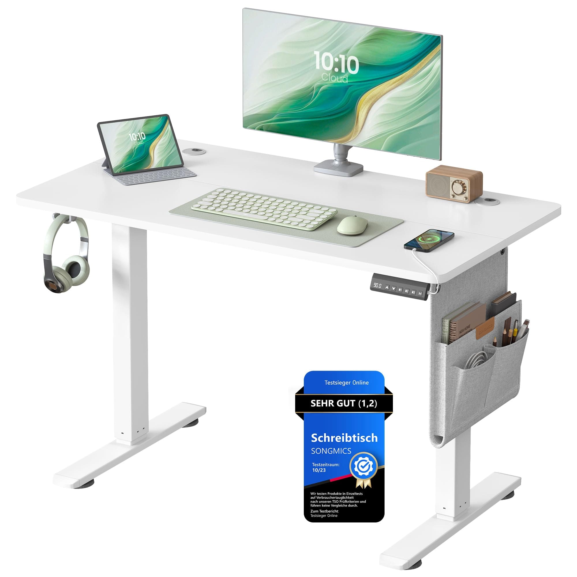 SONGMICS Höhenverstellbarer Schreibtisch elektrisch, 100 x 60 cm, Memory-Funktion mit 4 Höhen, USB-C-Anschluss, wolkenweiß LSD130WZ01