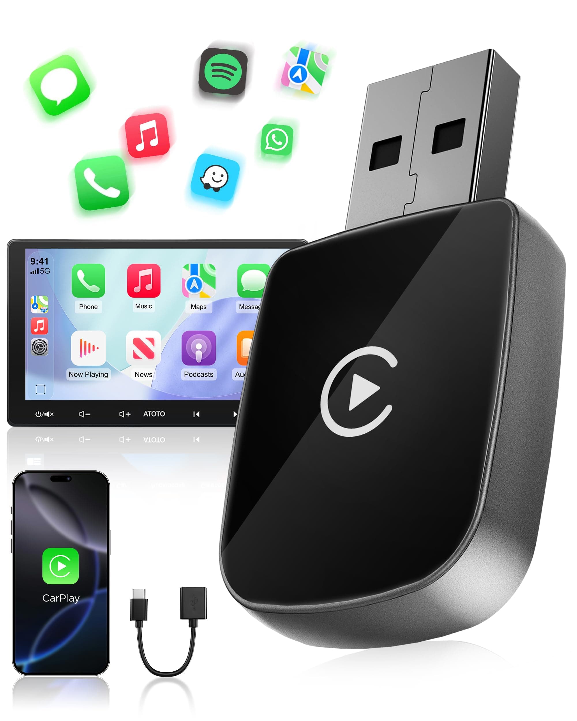 WityEye Adaptador CarPlay Inalámbrico, Doble Núcleo WiFi a 5,8 GHz, Bluetooth V5,3, Rápido y Estable, Plug & Play, para Apple iPhone con iOS 10+ & Vehículos con Función CarPlay por Cable