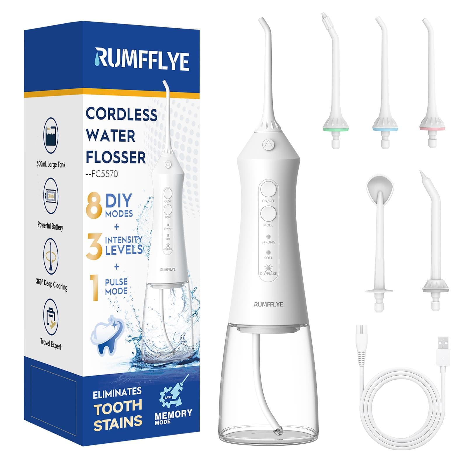 RUMFFLYE Irrigador Dental Portátil Irrigador Bucal Inalámbrico Profesional Water Flosser 12 Modos 5 Boquillas Irrigador eléctrico oral IPX7 Impermeable 300ML Recargable Para Casa y de Viaje(Blanco)