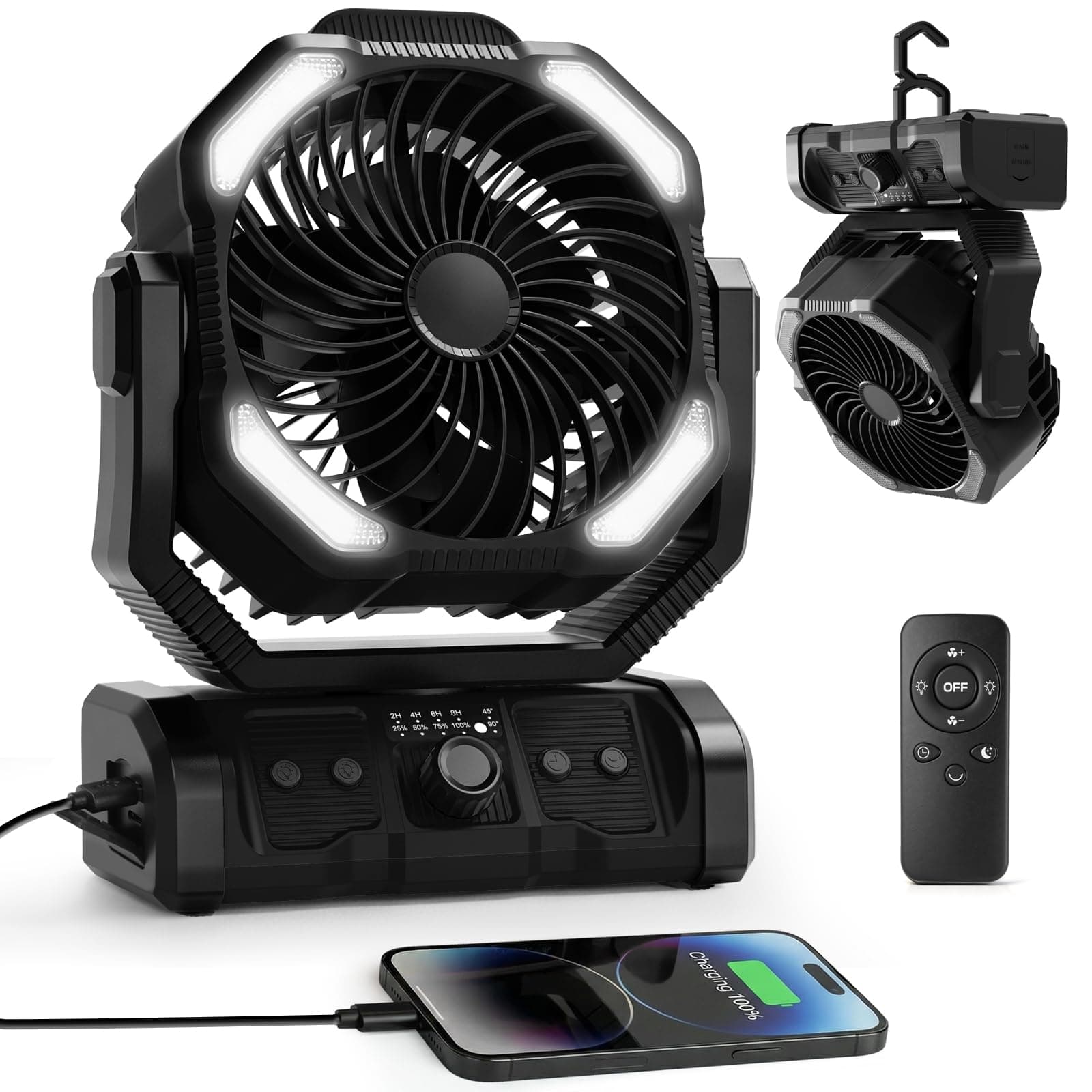 ELZO Camping Ventilador 20000mAh, Portátil Recargable para Escritorio Tienda de Campaña con Control Remoto y Gancho, Luz LED, Ventilador USB de Velocidad Continua, Hogar Exterior Viajes Pesca