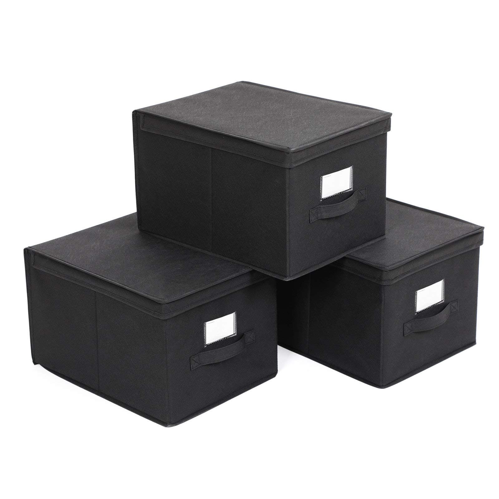 SONGMICS Aufbewahrungsbox, 3er Set, Faltbox mit Deckel, Boxen Aufbewahrung, Stoffbox mit Etikettenhalter, Aufbewahrungskorb, 40 x 30 x 25 cm, schwarz RFB03H