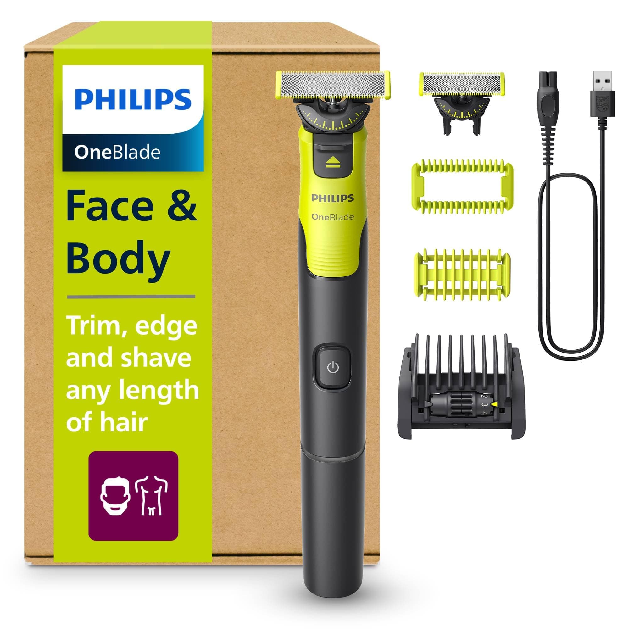 Philips OneBlade 360 Face + Body, Autentico regolabarba elettrico, rasoio e spazzola con tecnologia a 360, 1x lame 360, 1x pettine regolabile 5 in 1, 1x kit per il corpo, (modello QP4631/30)