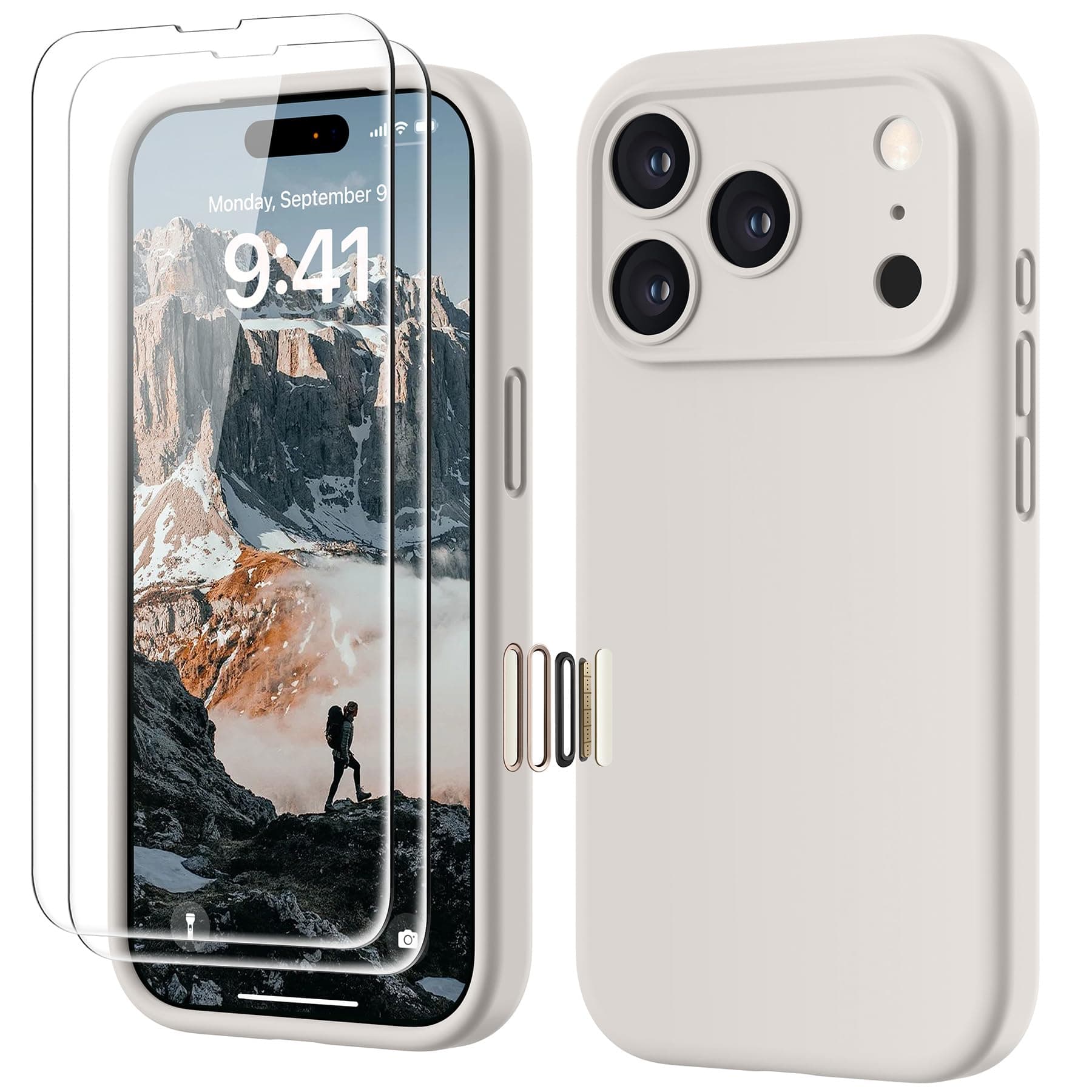 GOODVISH 4 en 1 Coque iPhone 17 Pro Silicone avec Bouton de Contrôle Caméra, avec 2 Verre Trempé, 360° Protection Étui Précise Résistant aux Rayures Antidérapant Phone Case 6.3", Gris Pierre