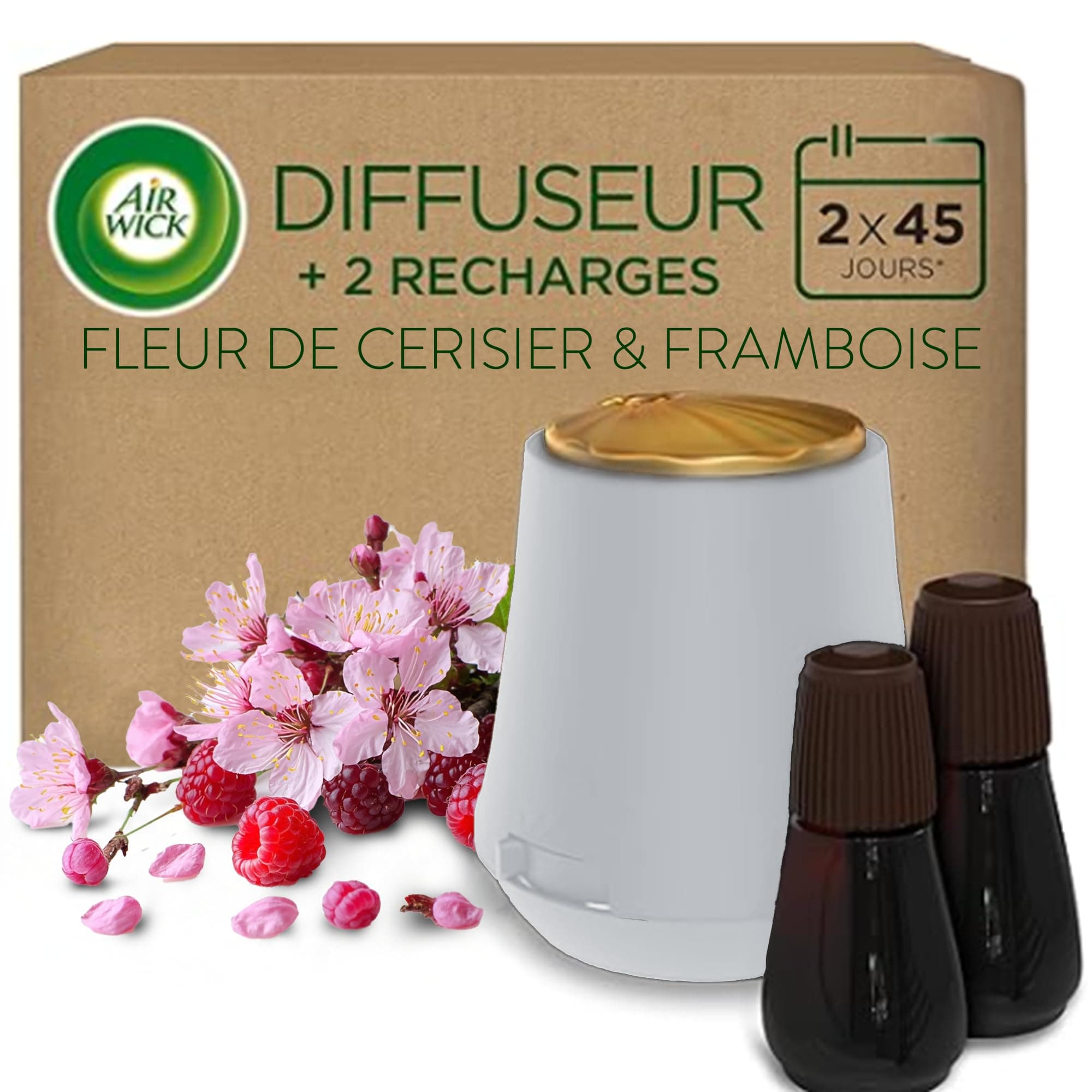 Air Wick Diffuseur d’huiles Essentielles Brume Parfumée + 2 Recharges 20ml Parfum Fleur de Cerisier et Framboise
